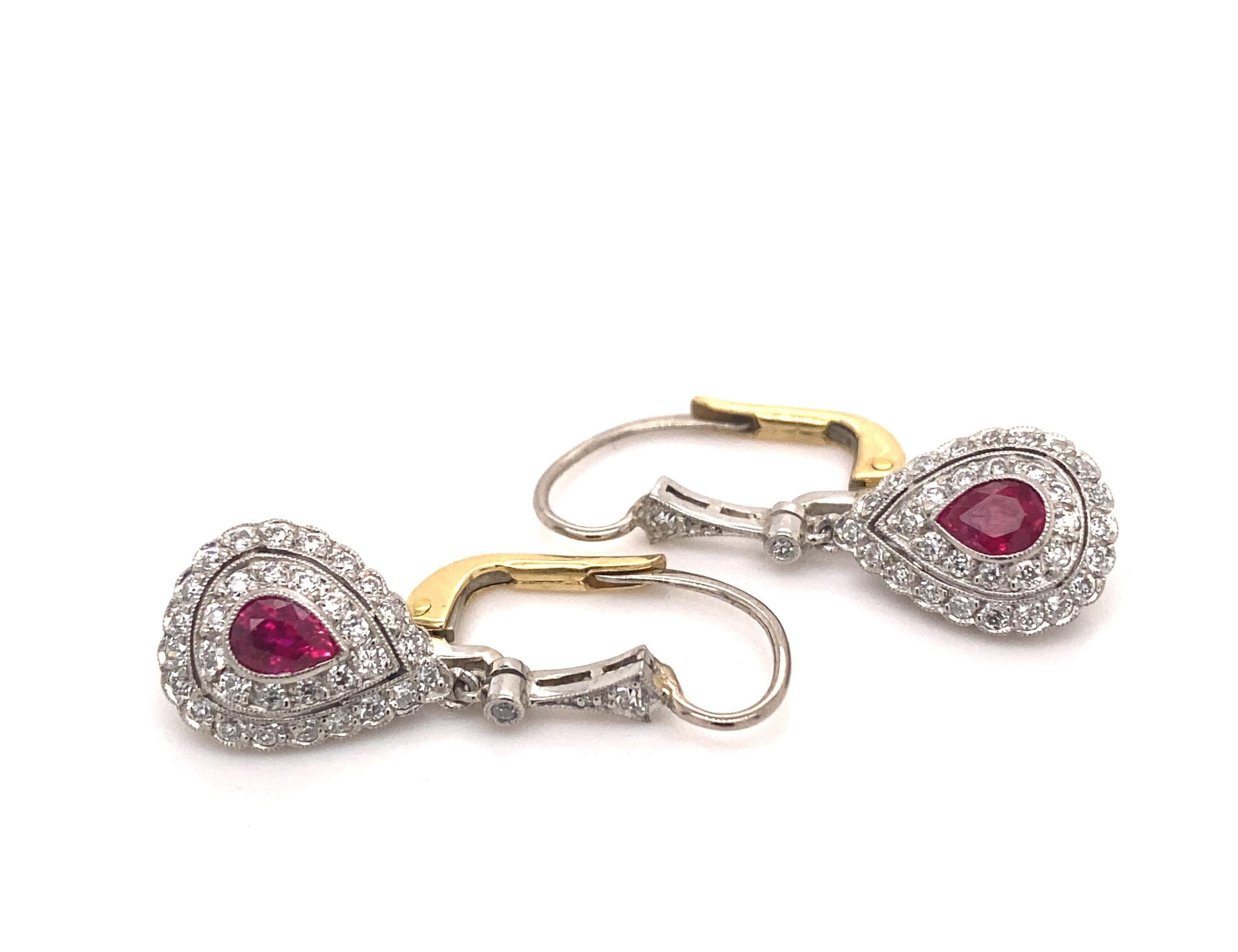 Art Deco Ruby Diamond Platinum 18k Gold Dangle Drop Earrings In Good Condition In Woodland Hills, CA