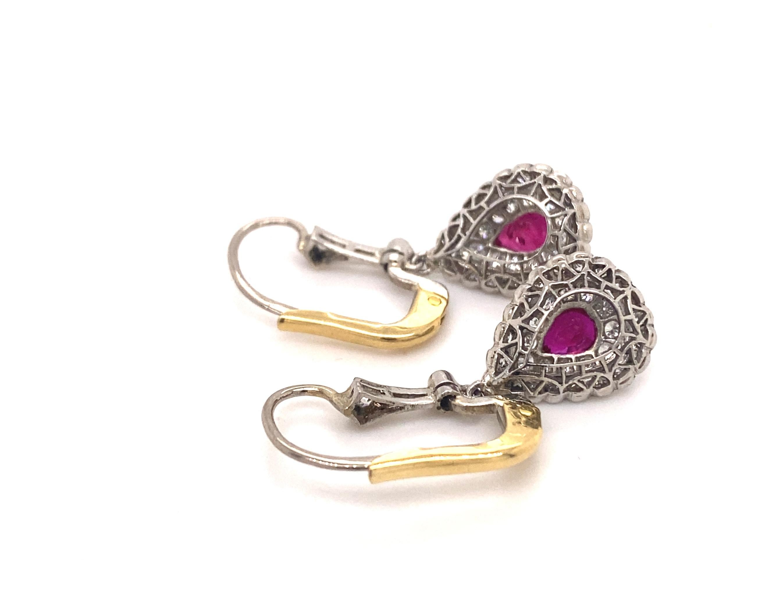 Women's Art Deco Ruby Diamond Platinum 18k Gold Dangle Drop Earrings