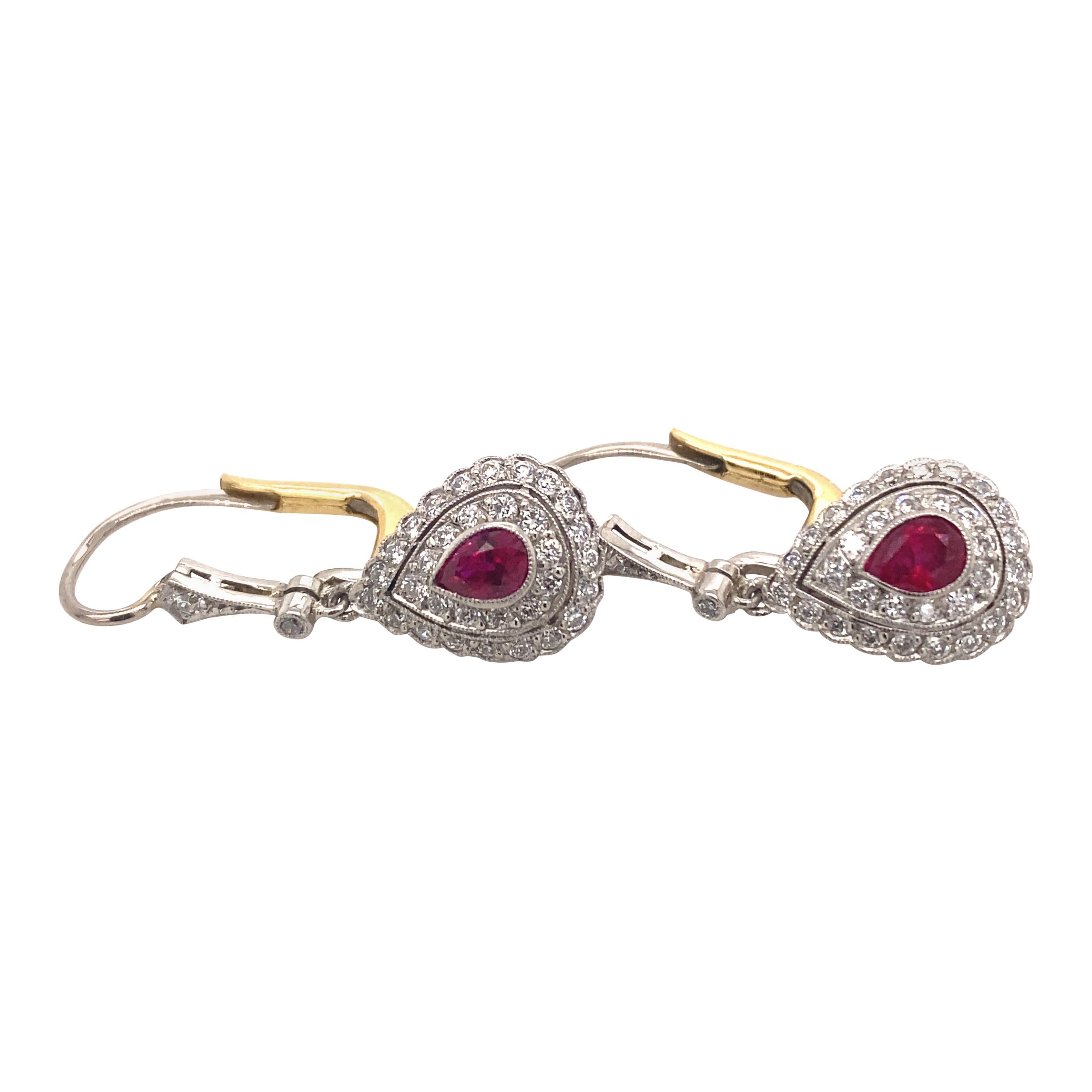 Art Deco Ruby Diamond Platinum 18k Gold Dangle Drop Earrings