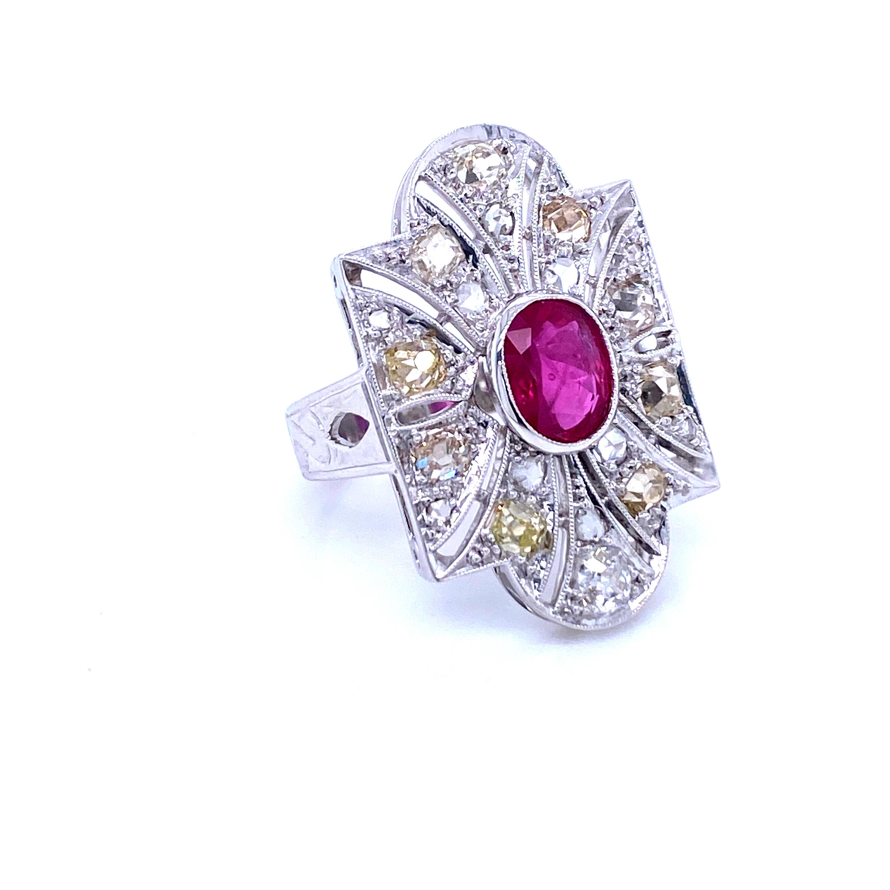 Oval Cut Art Deco Ruby Diamond Platinum Cocktail Ring