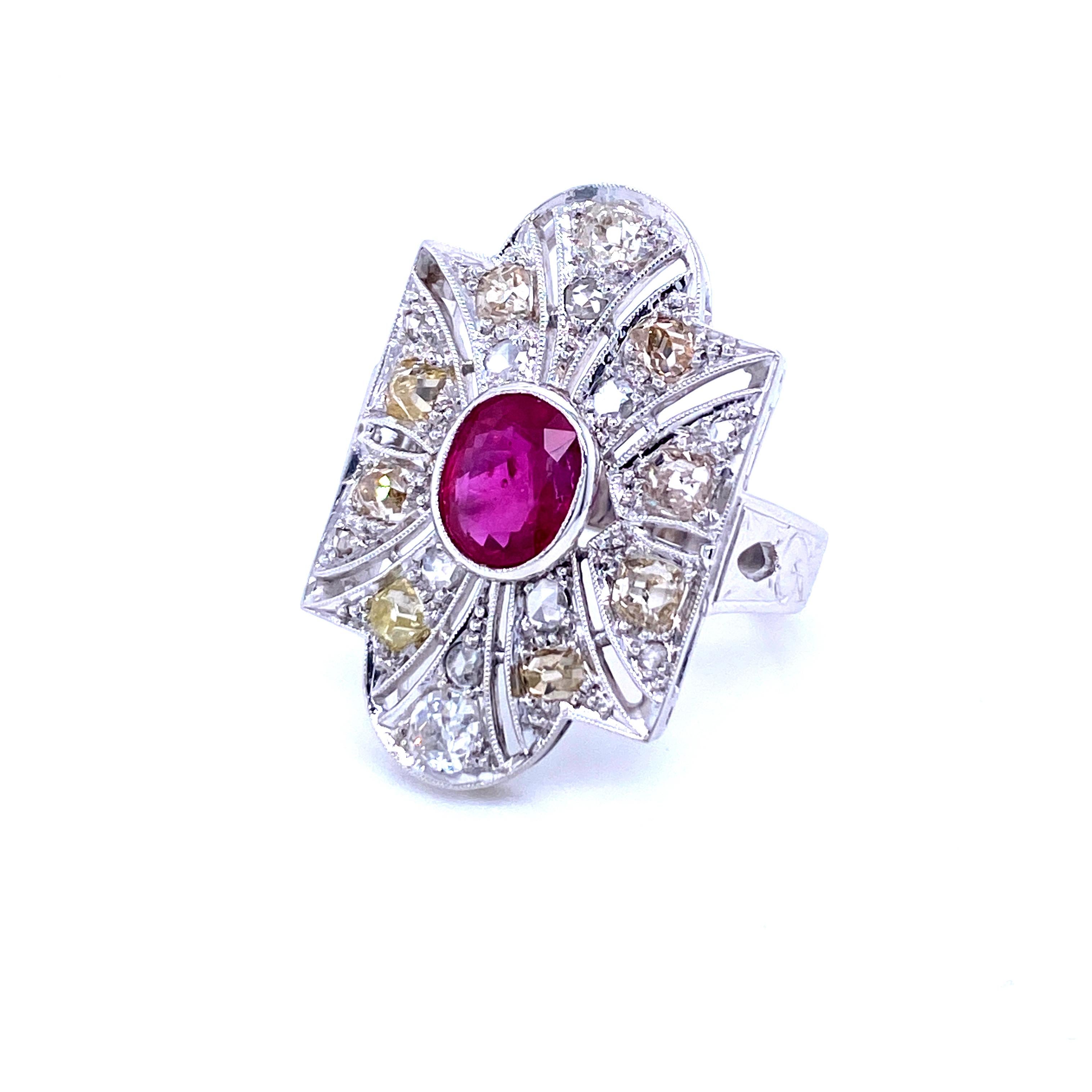 Art Deco Ruby Diamond Platinum Cocktail Ring In Excellent Condition In Napoli, Italy