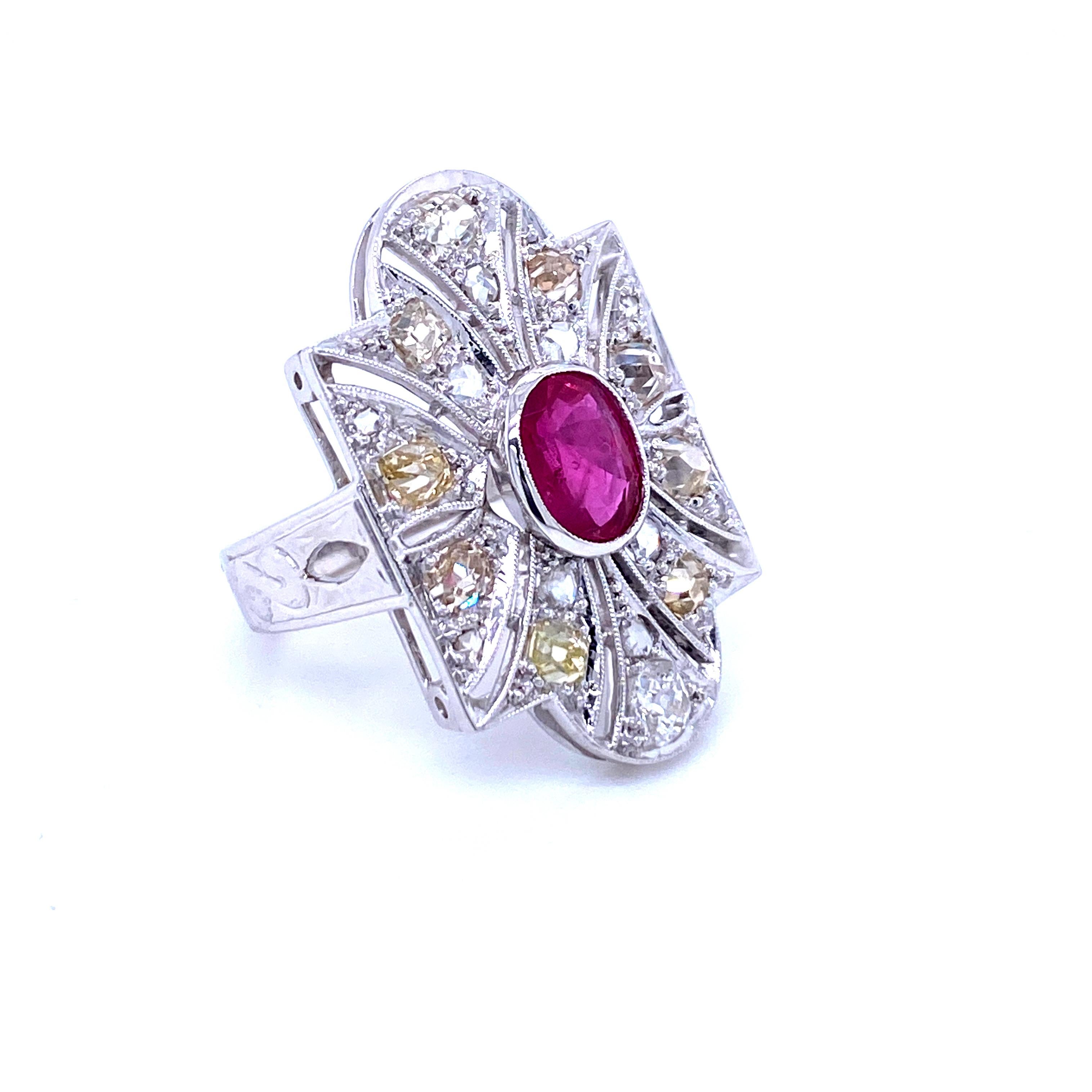 Women's Art Deco Ruby Diamond Platinum Cocktail Ring