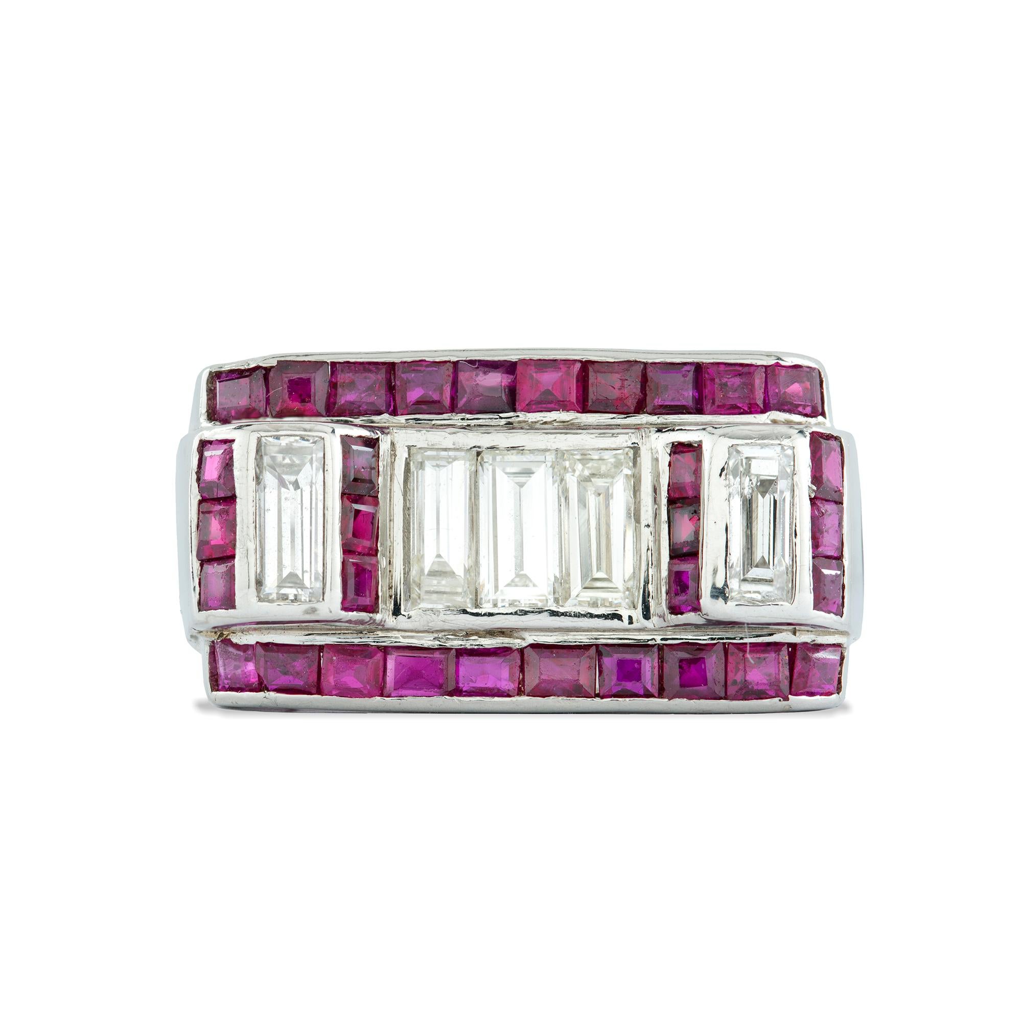 Art Deco Ruby Diamond Platinum Cocktail Ring For Sale 1