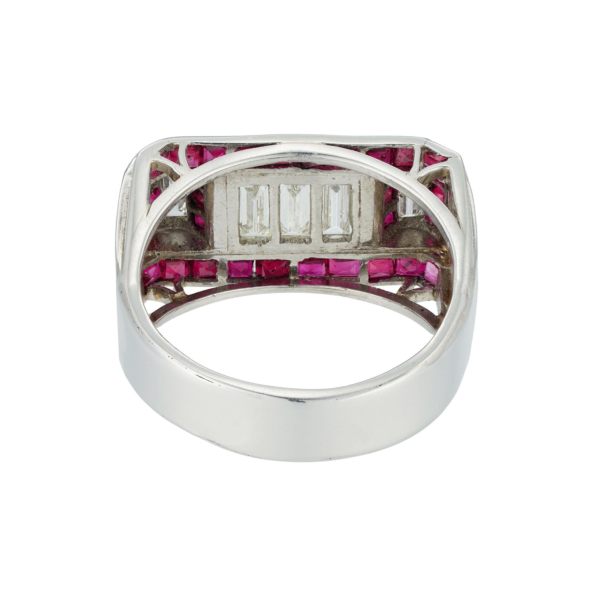 Women's Art Deco Ruby Diamond Platinum Cocktail Ring For Sale