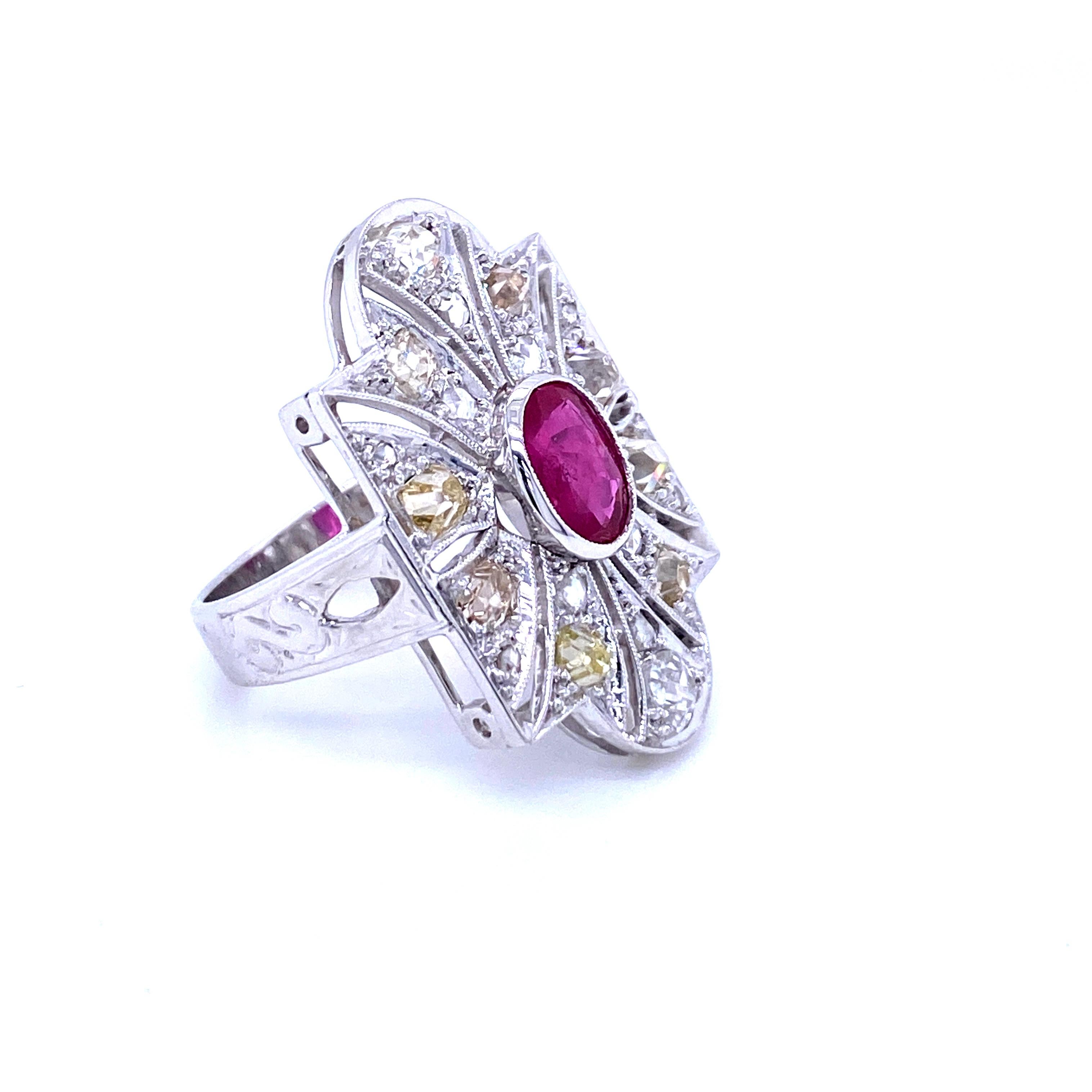 Art Deco Ruby Diamond Platinum Cocktail Ring 1