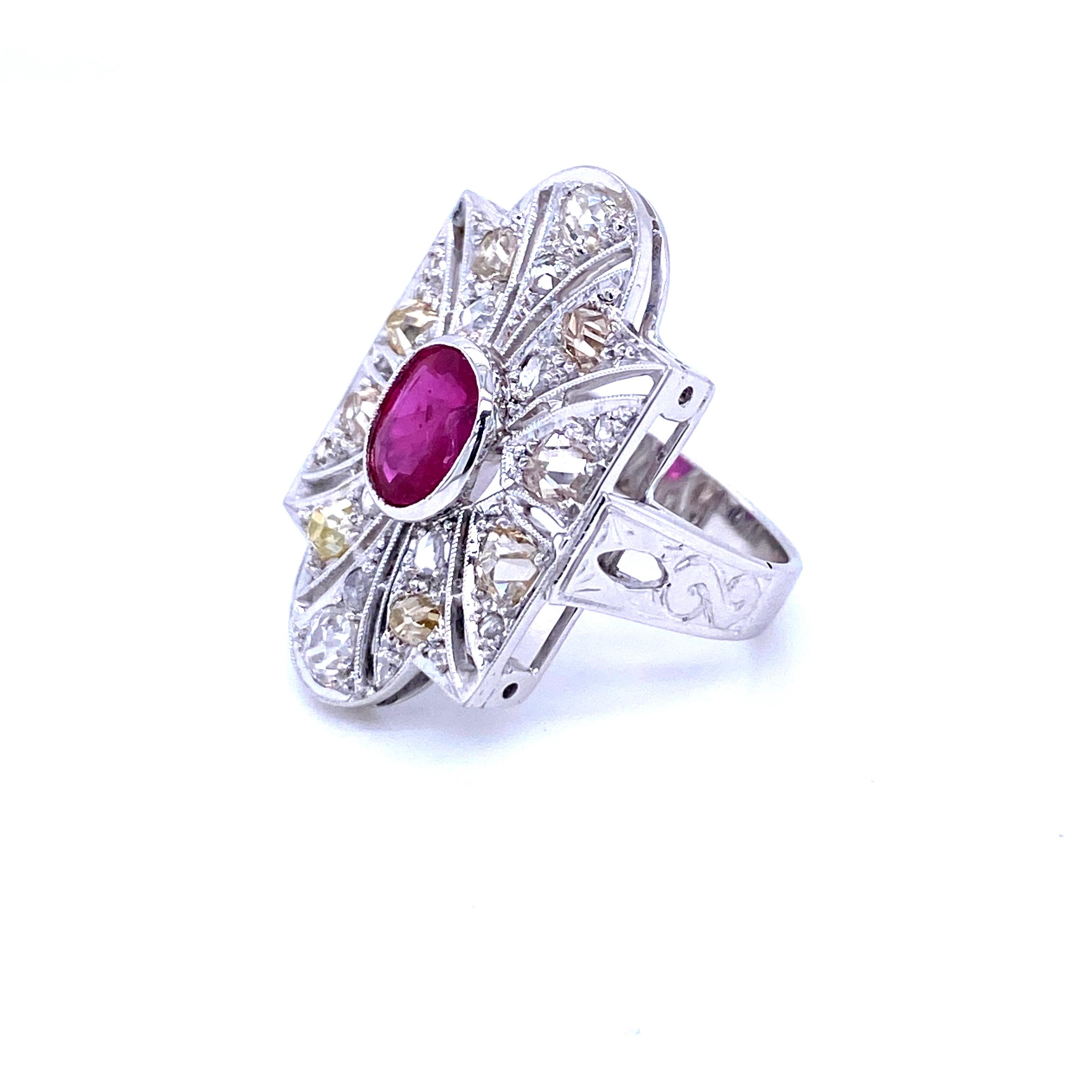 Art Deco Ruby Diamond Platinum Cocktail Ring 2