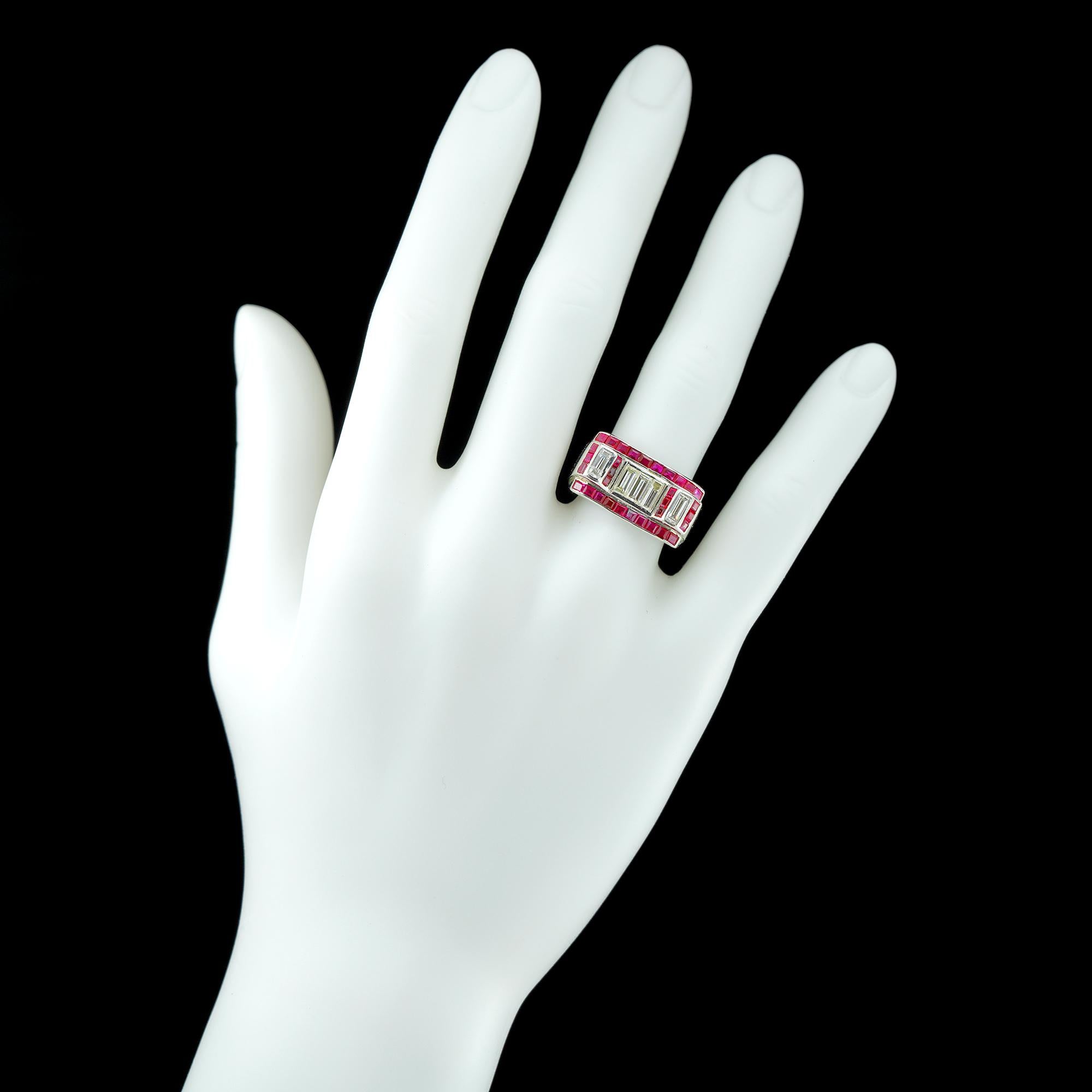 Art Deco Ruby Diamond Platinum Cocktail Ring For Sale 3
