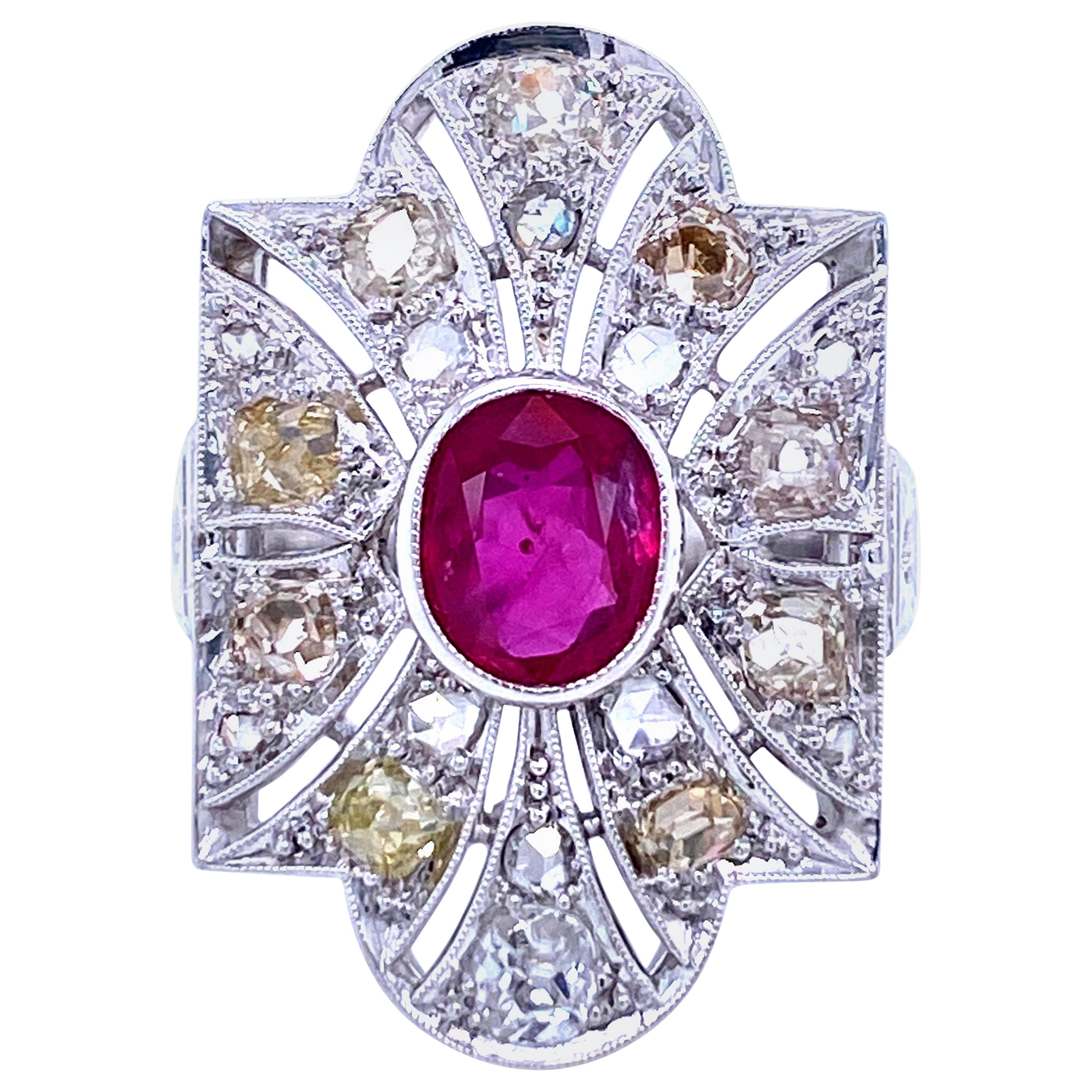 Art Deco Ruby Diamond Platinum Cocktail Ring