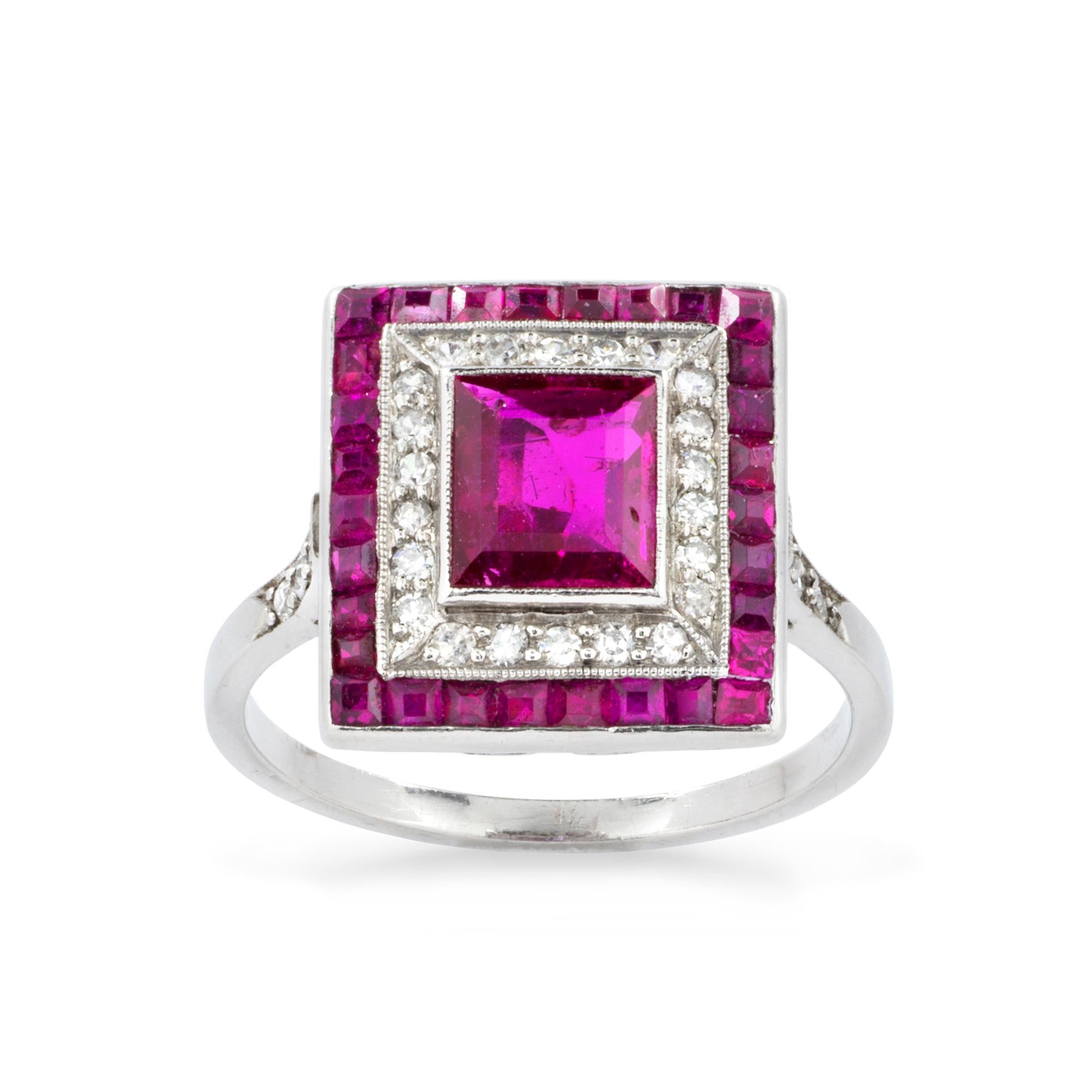 Women's Art Deco Ruby Diamond Platinum Double Cluster Ring For Sale