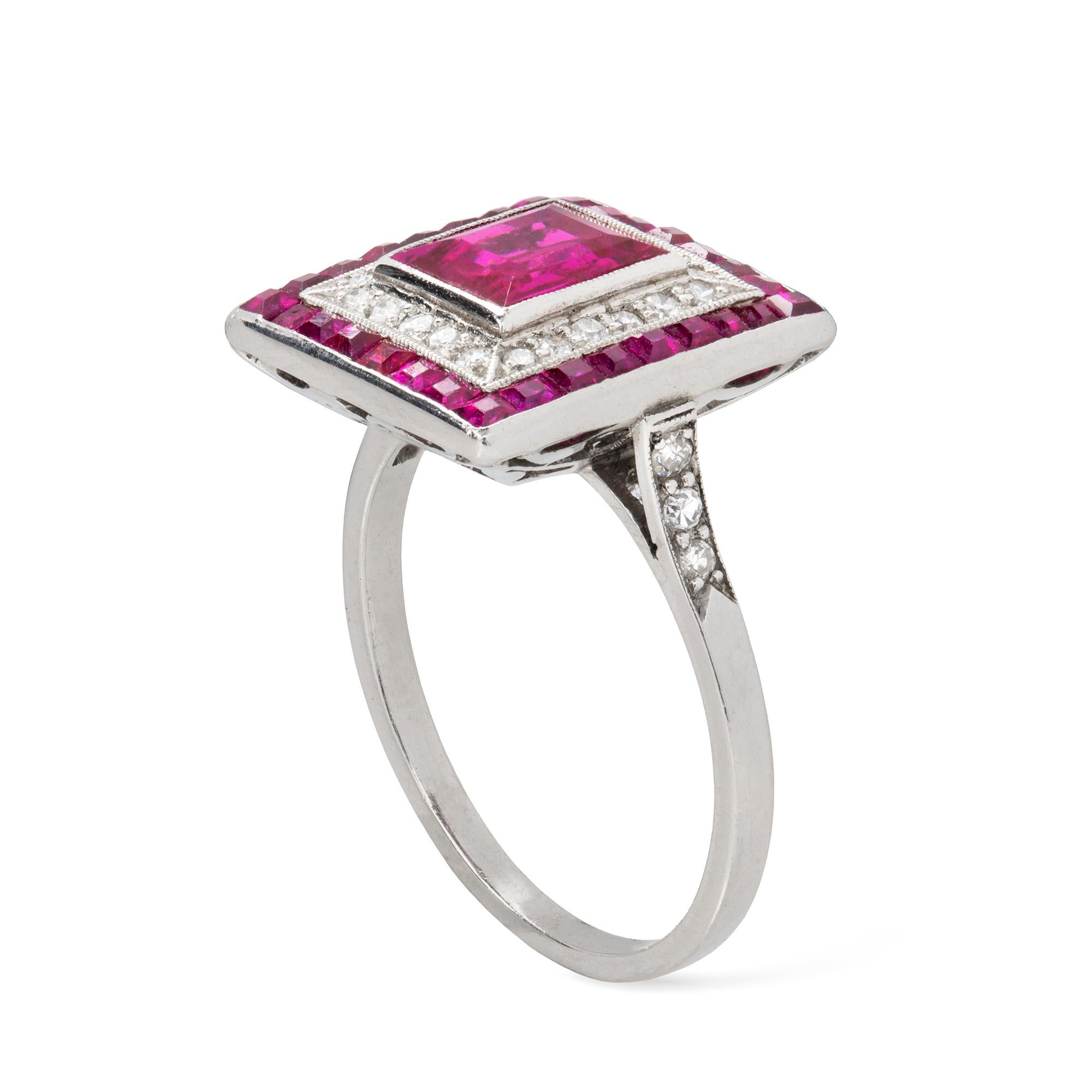 Brilliant Cut Art Deco Ruby Diamond Platinum Double Cluster Ring For Sale