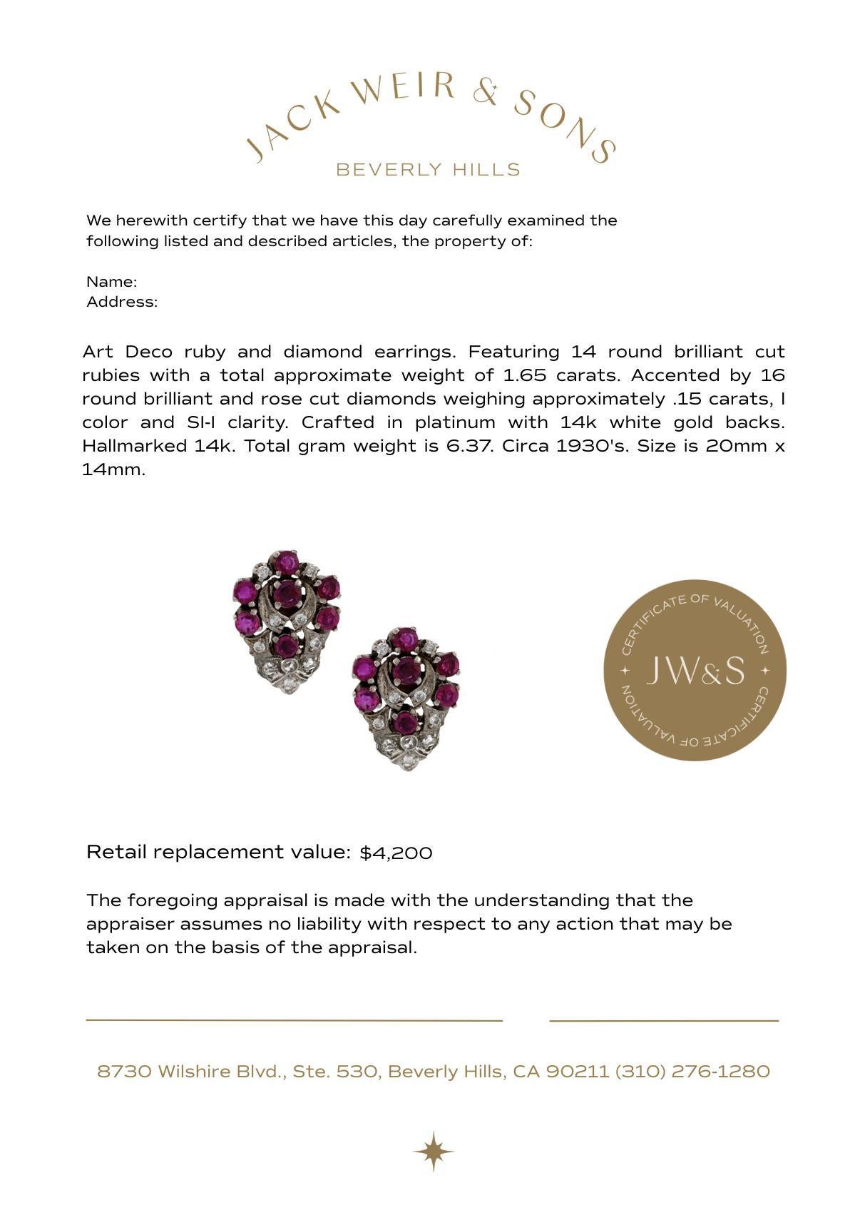 Art Deco Rubin-Diamant-Ohrringe aus Platin im Zustand „Gut“ im Angebot in Beverly Hills, CA