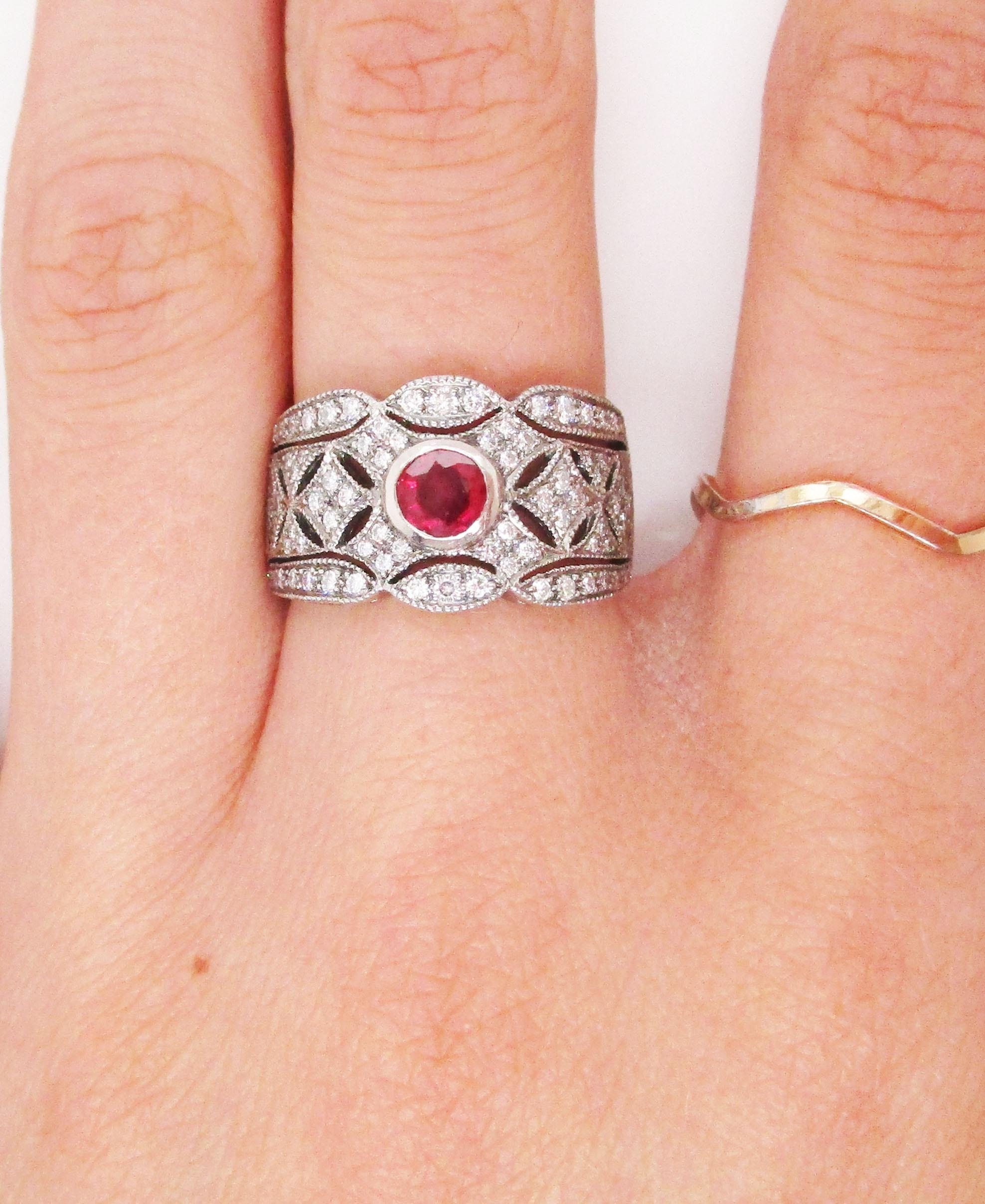 Art Deco Style Ruby Diamond Platinum Filigree Band 4