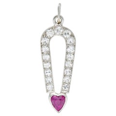 Antique Art Deco Ruby Diamond Platinum Love Magnet Heart Charm