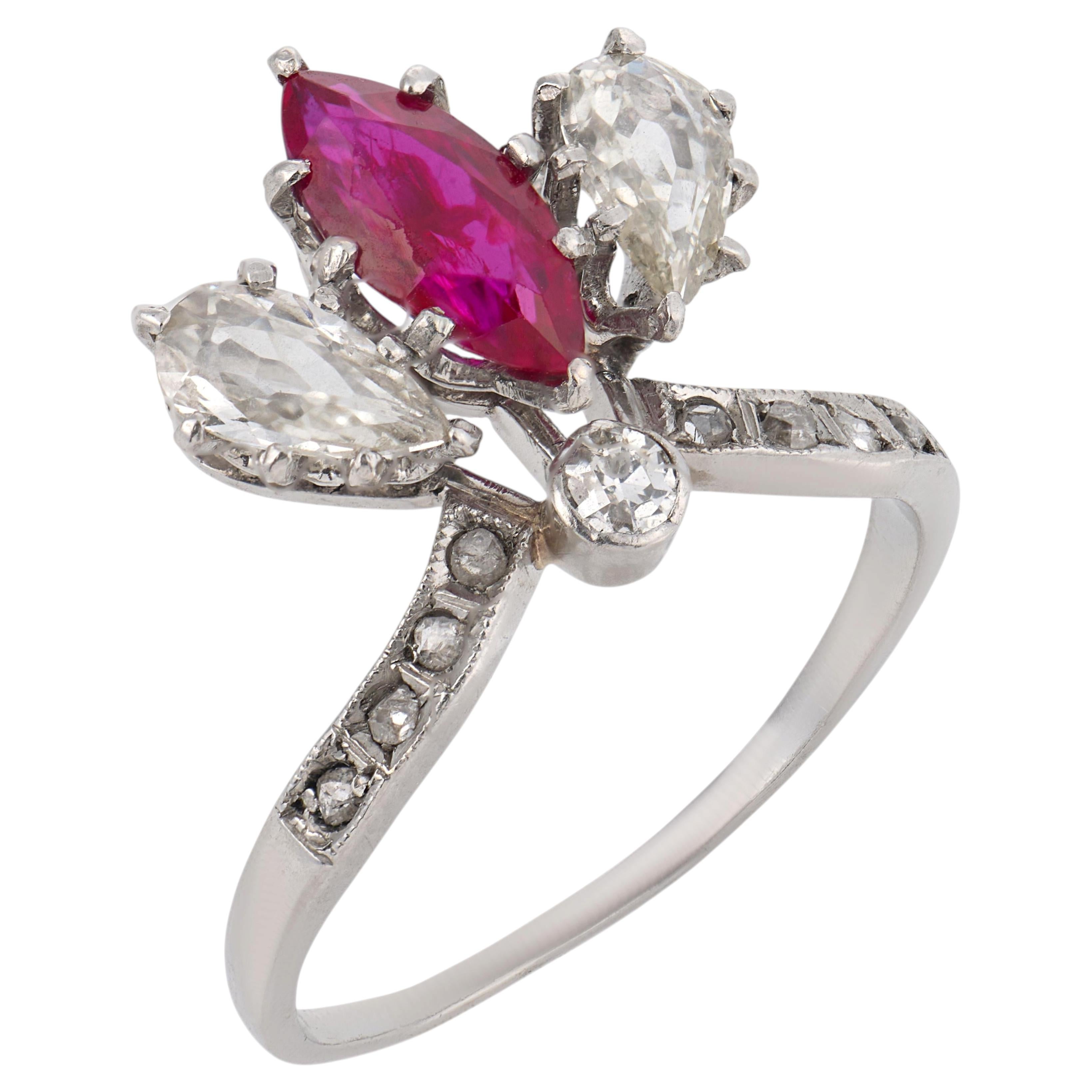 Art Deco Platinum Tiara Ring, 1ct Marquise Ruby, 0.70ct Diamonds For Sale
