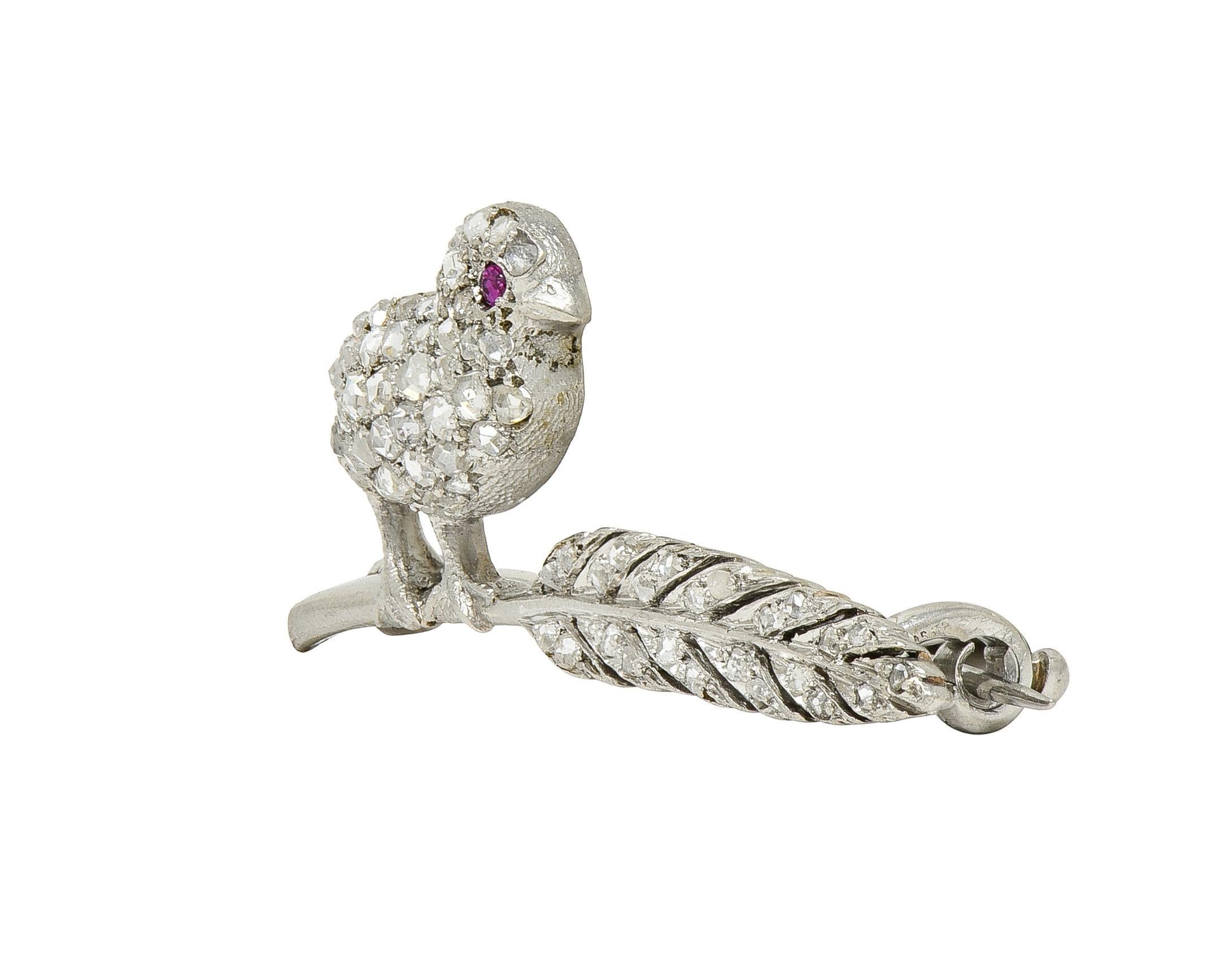 Round Cut Art Deco Ruby Diamond Platinum Vintage Bird On A Feather Brooch For Sale