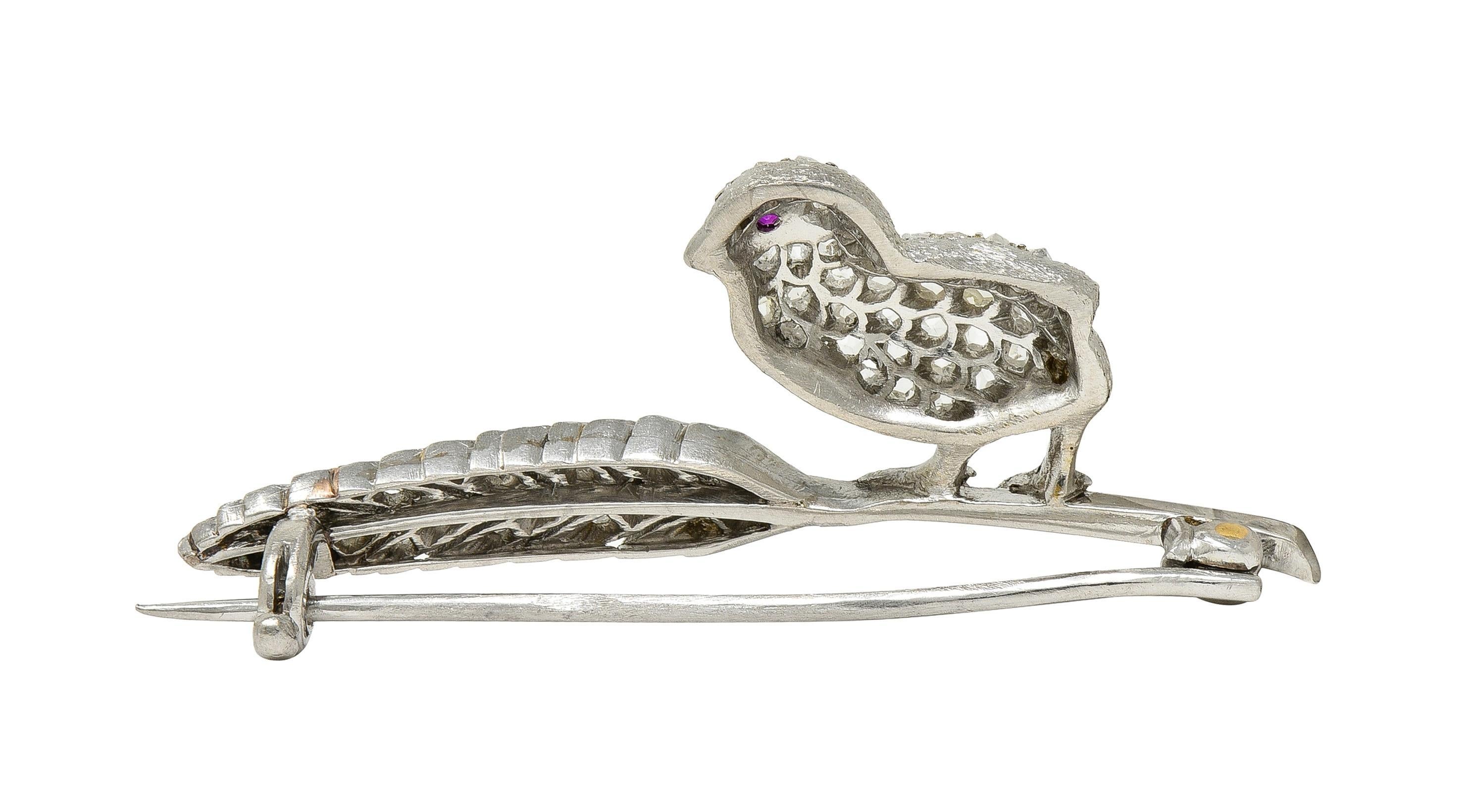Art Deco Ruby Diamond Platinum Vintage Bird On A Feather Brooch In Excellent Condition For Sale In Philadelphia, PA