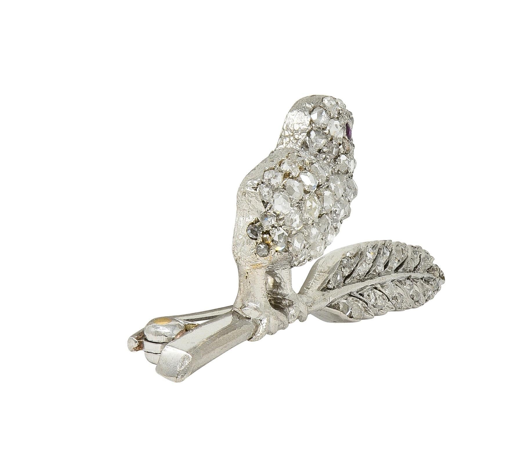 Women's or Men's Art Deco Ruby Diamond Platinum Vintage Bird On A Feather Brooch For Sale