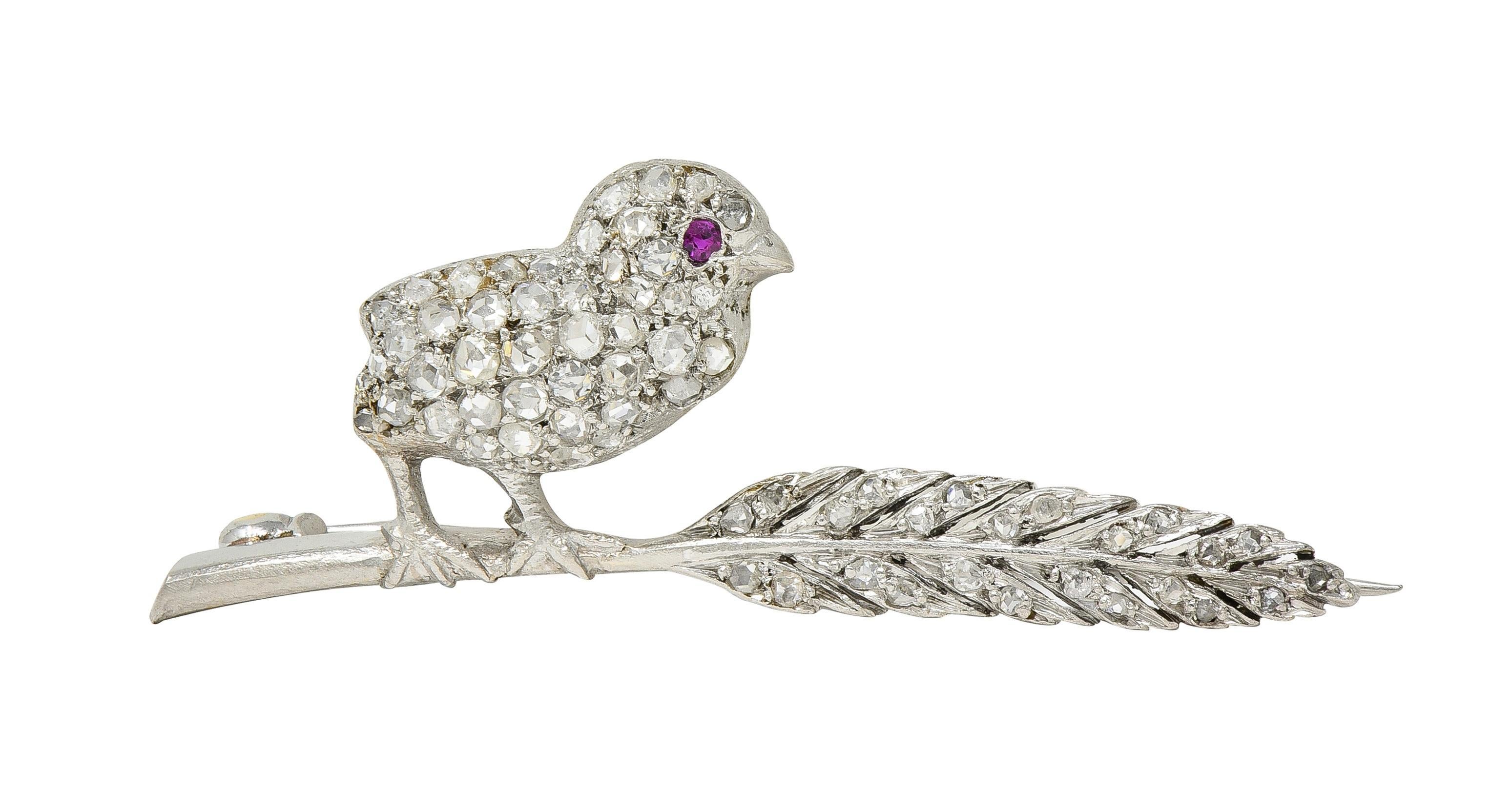 Art Deco Ruby Diamond Platinum Vintage Bird On A Feather Brooch For Sale 1