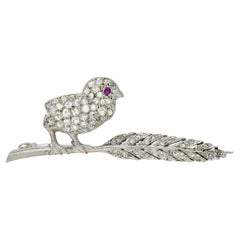 Art Deco Ruby Diamond Platinum Vintage Bird On A Feather Brooch