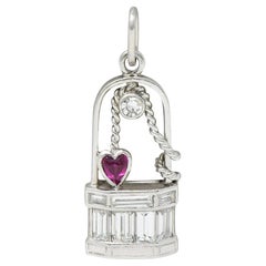 Art Deco Ruby Diamond Platinum Vintage Wishing Well Heart Charm