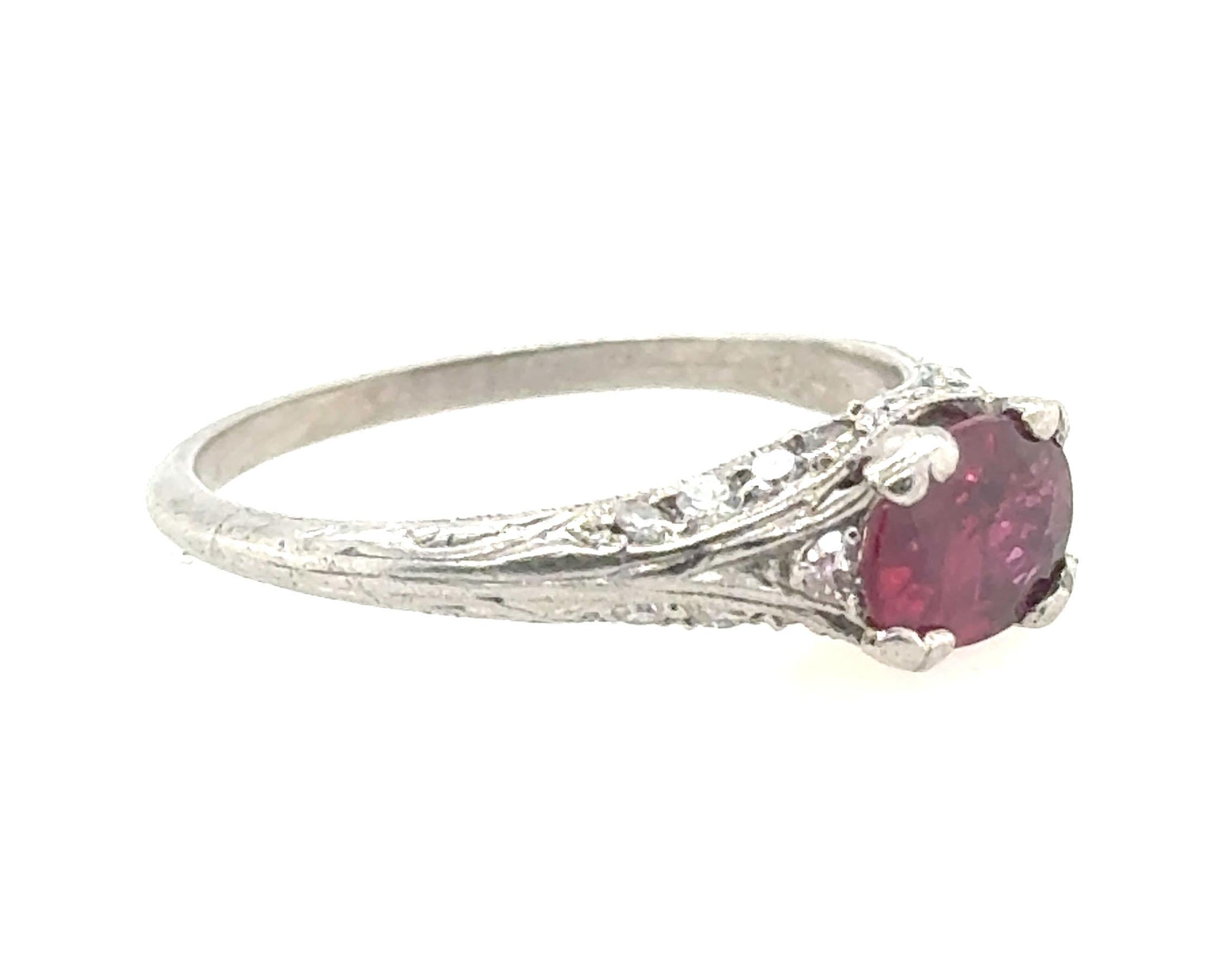 Art Deco Ruby Diamond Ring 1.10ct Platinum Antique Original 1930's Vintage In Excellent Condition In Dearborn, MI