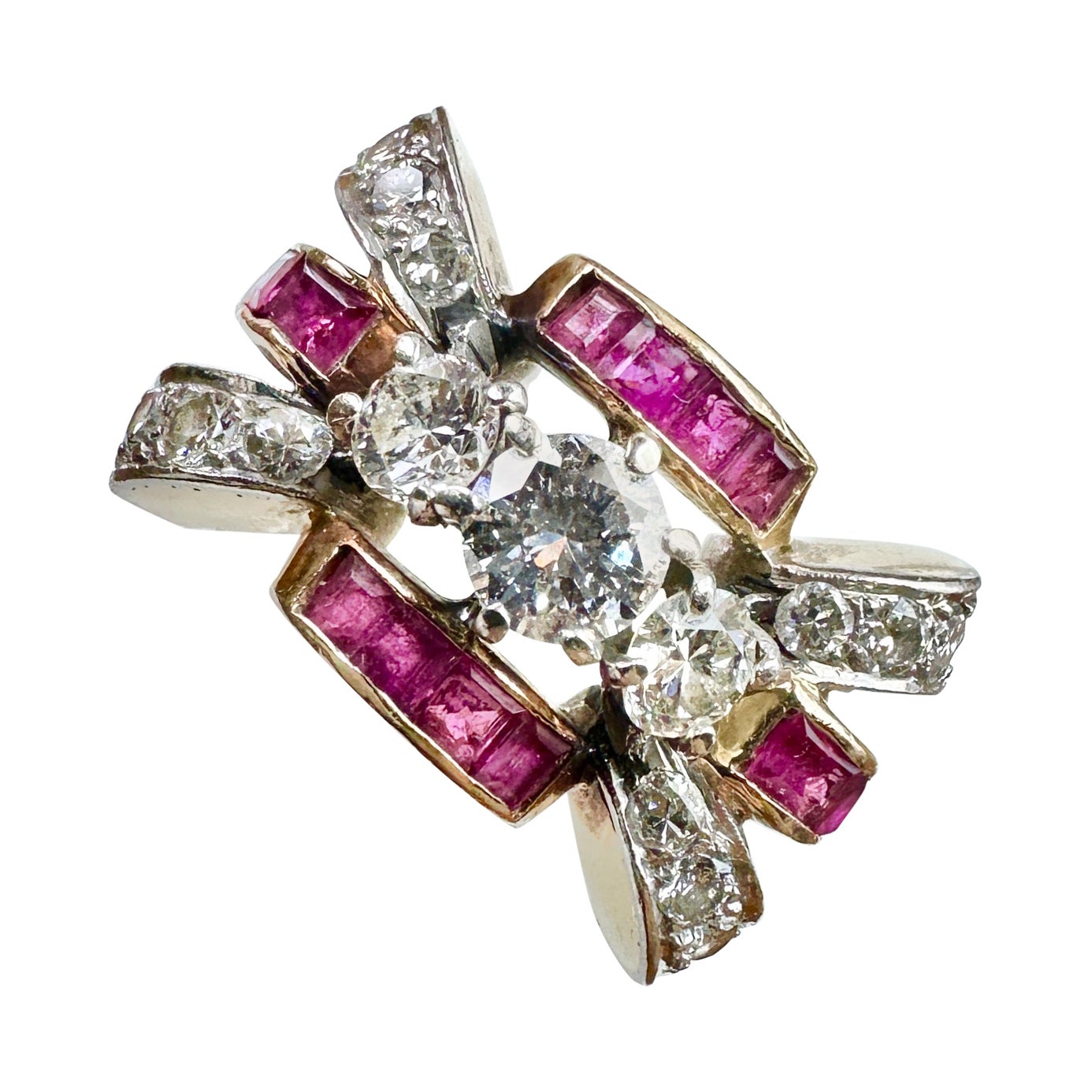 Art Deco Ruby Diamond Ring 14K Gold Antique Wedding Engagement Ring For Sale