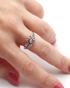 Art Deco ruby diamond ring in platinum and 18k gold, antique band ring
