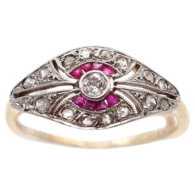 Art Deco Rubin-Diamant-Ring in Platin und 18k Gold, antiker Bandring im Angebot