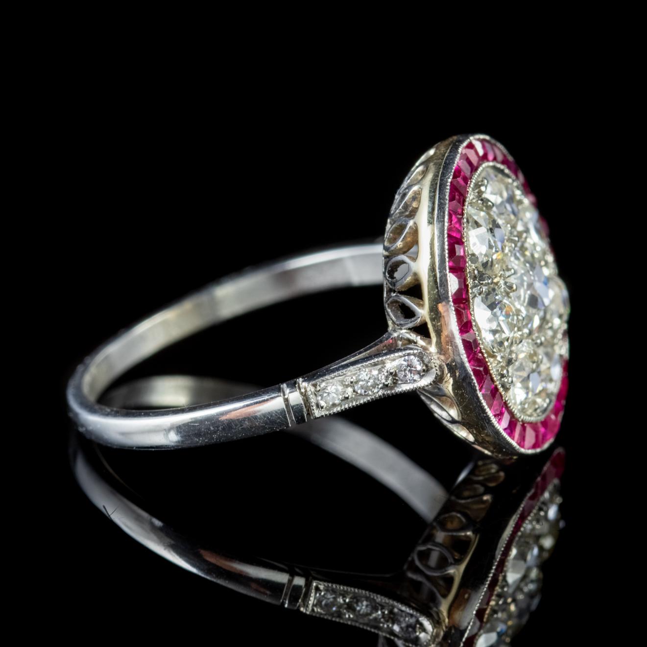 Women's Art Deco Ruby Diamond Ring Platinum 1.80 Carat of Diamond, circa 1930