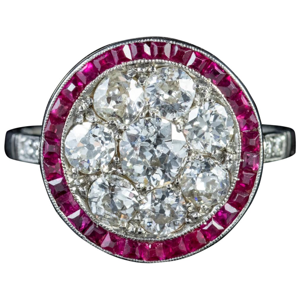 Art Deco Ruby Diamond Ring Platinum 1.80 Carat of Diamond, circa 1930
