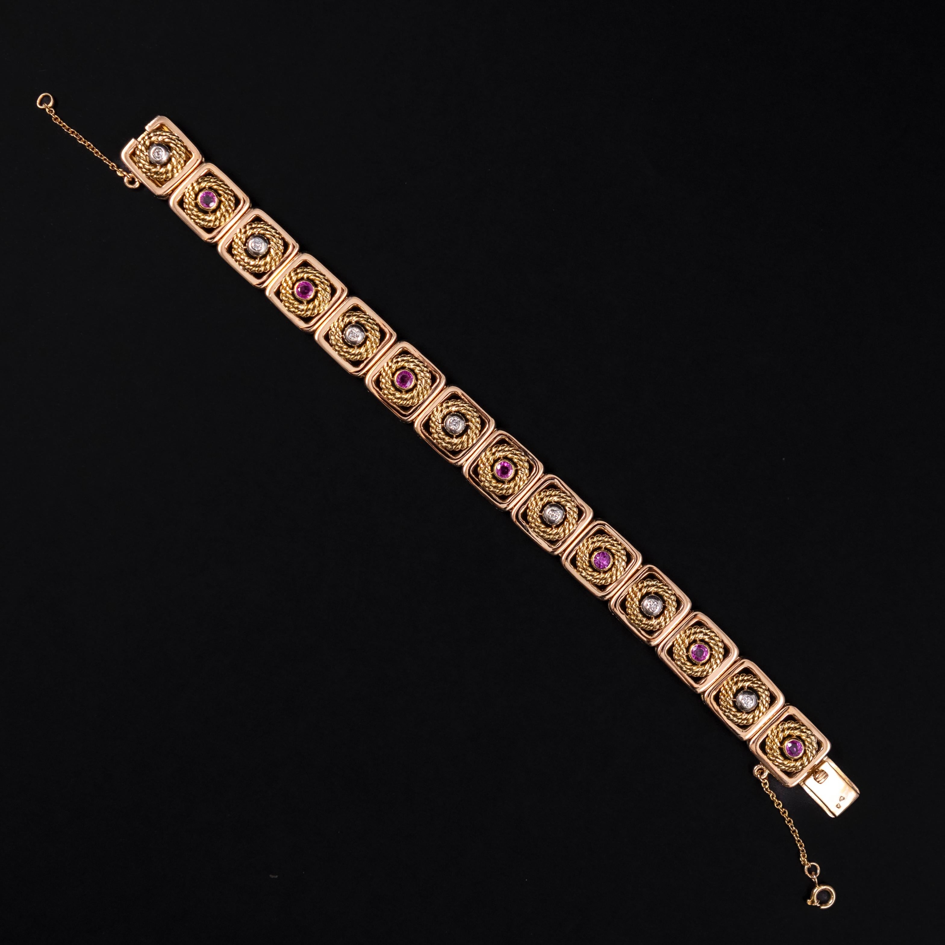 Art Deco Ruby and Diamond Ropework Plaque Link Bracelet, Portuguese, circa 1930s–1940s.

A striking expression of Art Deco geometry and Portuguese craftsmanship, this bold plaque link bracelet is a celebration of sculptural design and refined