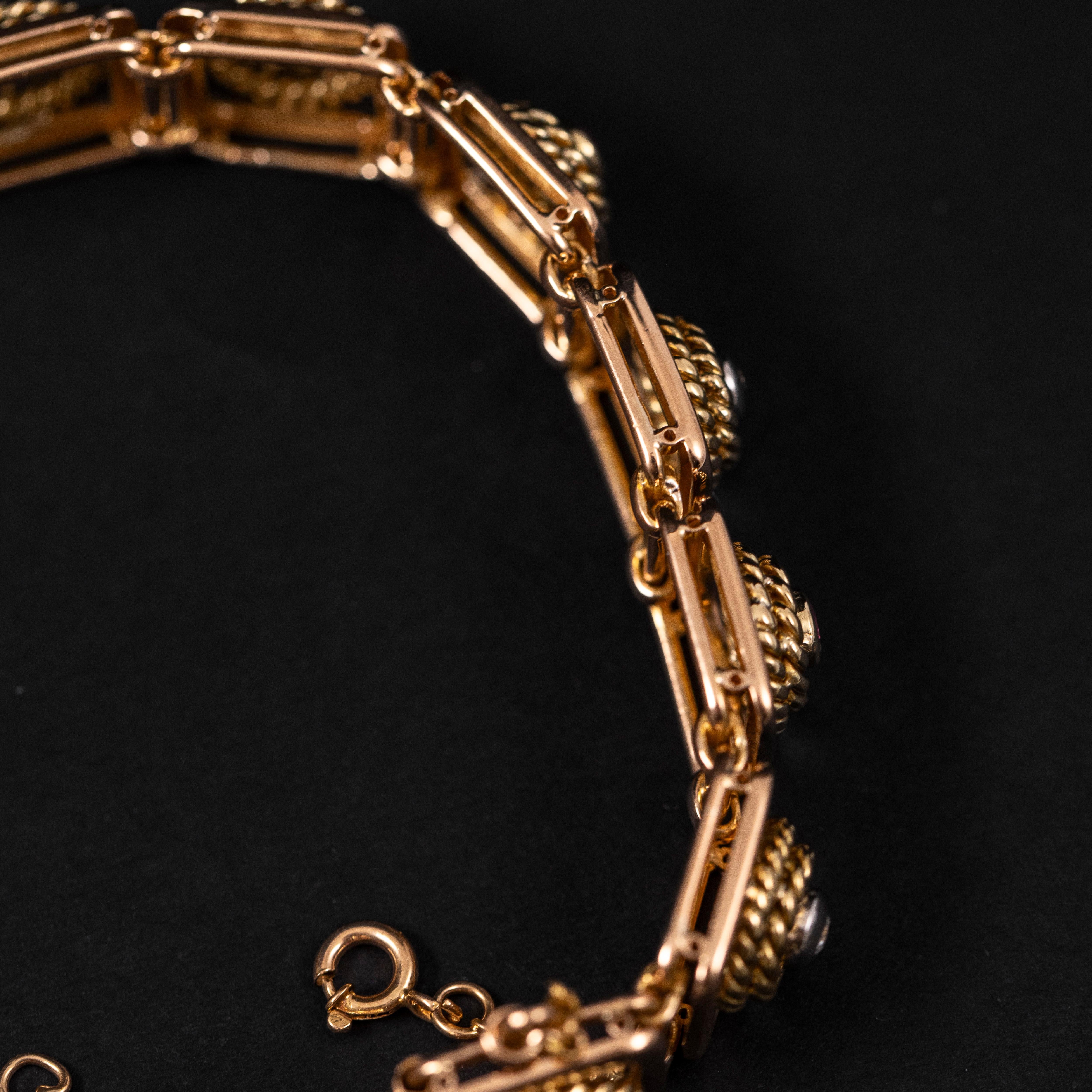 Art Deco Ruby Diamond Ropework Plaque Panel Link Bracelet Rose Gold Portuguese In Good Condition For Sale In Lisbon, PT