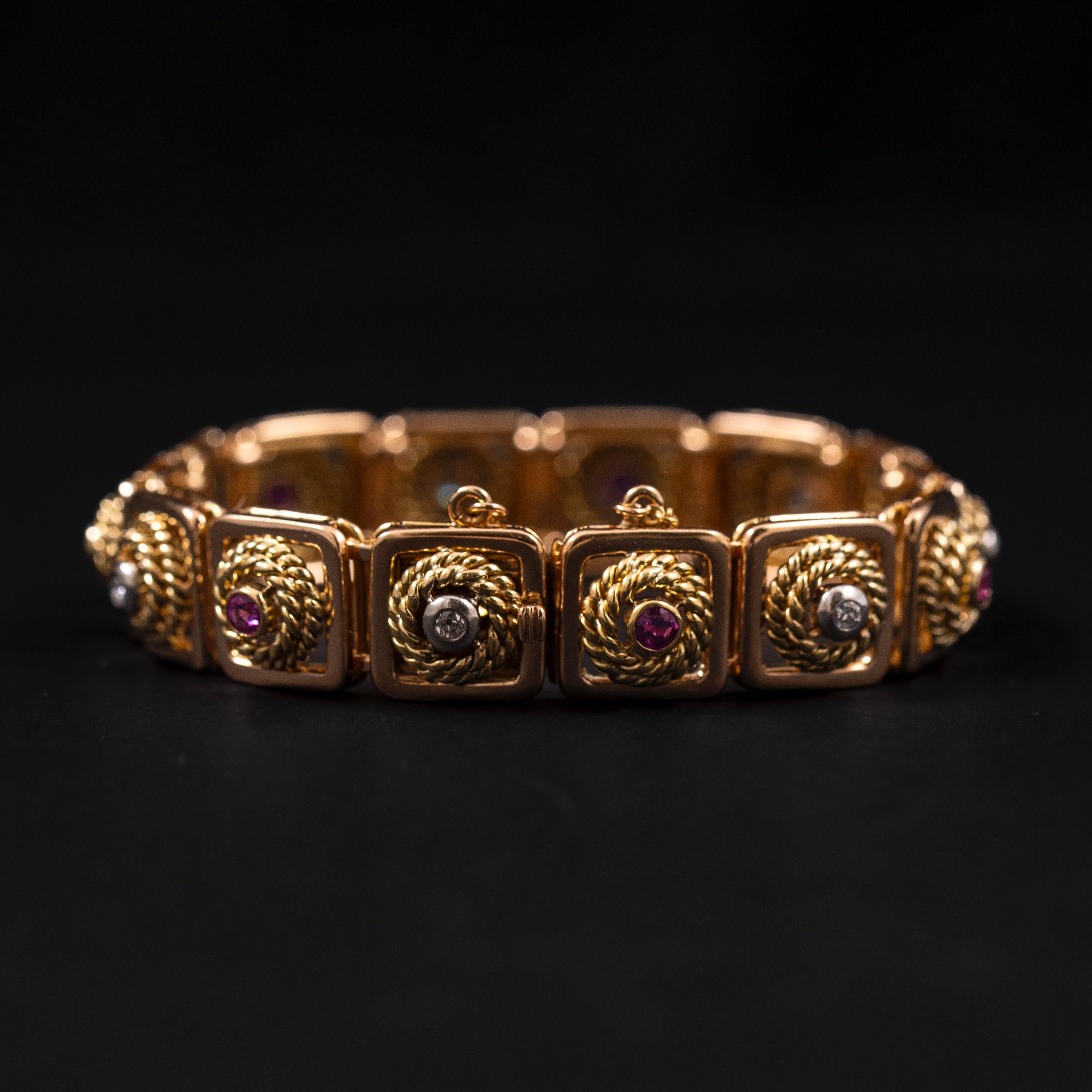 Art Deco Ruby Diamond Ropework Plaque Panel Link Bracelet Rose Gold Portuguese For Sale 1