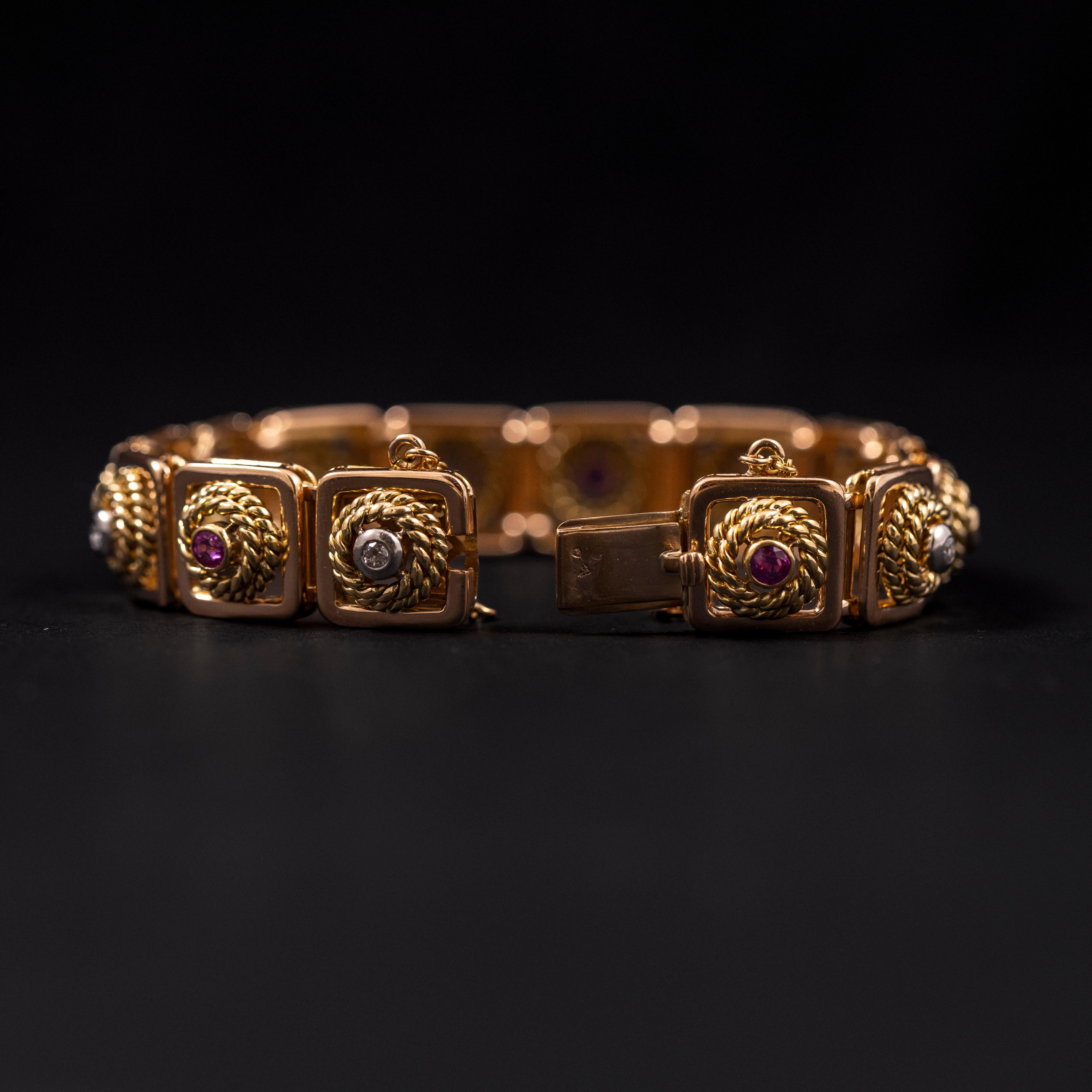 Art Deco Ruby Diamond Ropework Plaque Panel Link Bracelet Rose Gold Portuguese For Sale 2