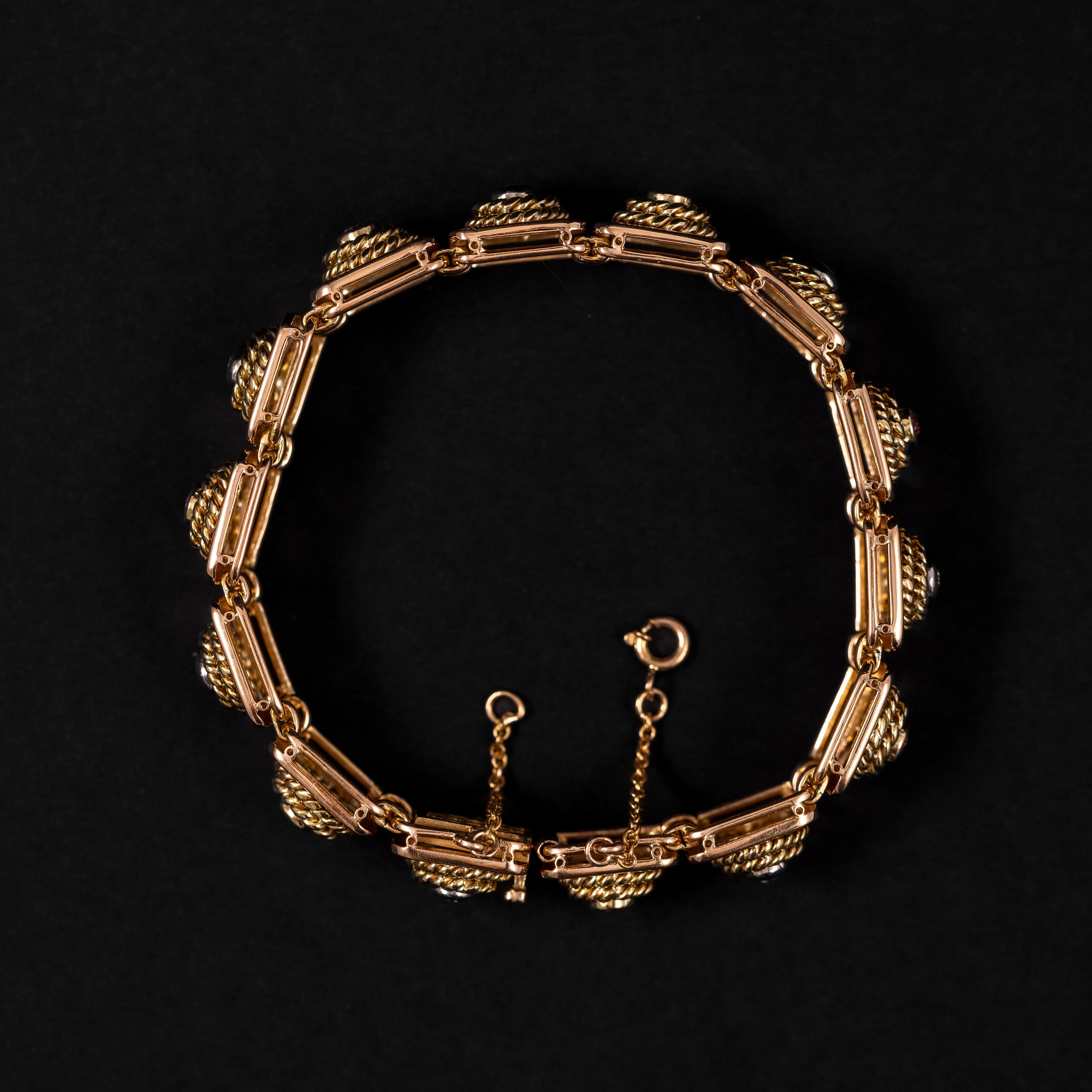 Art Deco Ruby Diamond Ropework Plaque Panel Link Bracelet Rose Gold Portuguese For Sale 3
