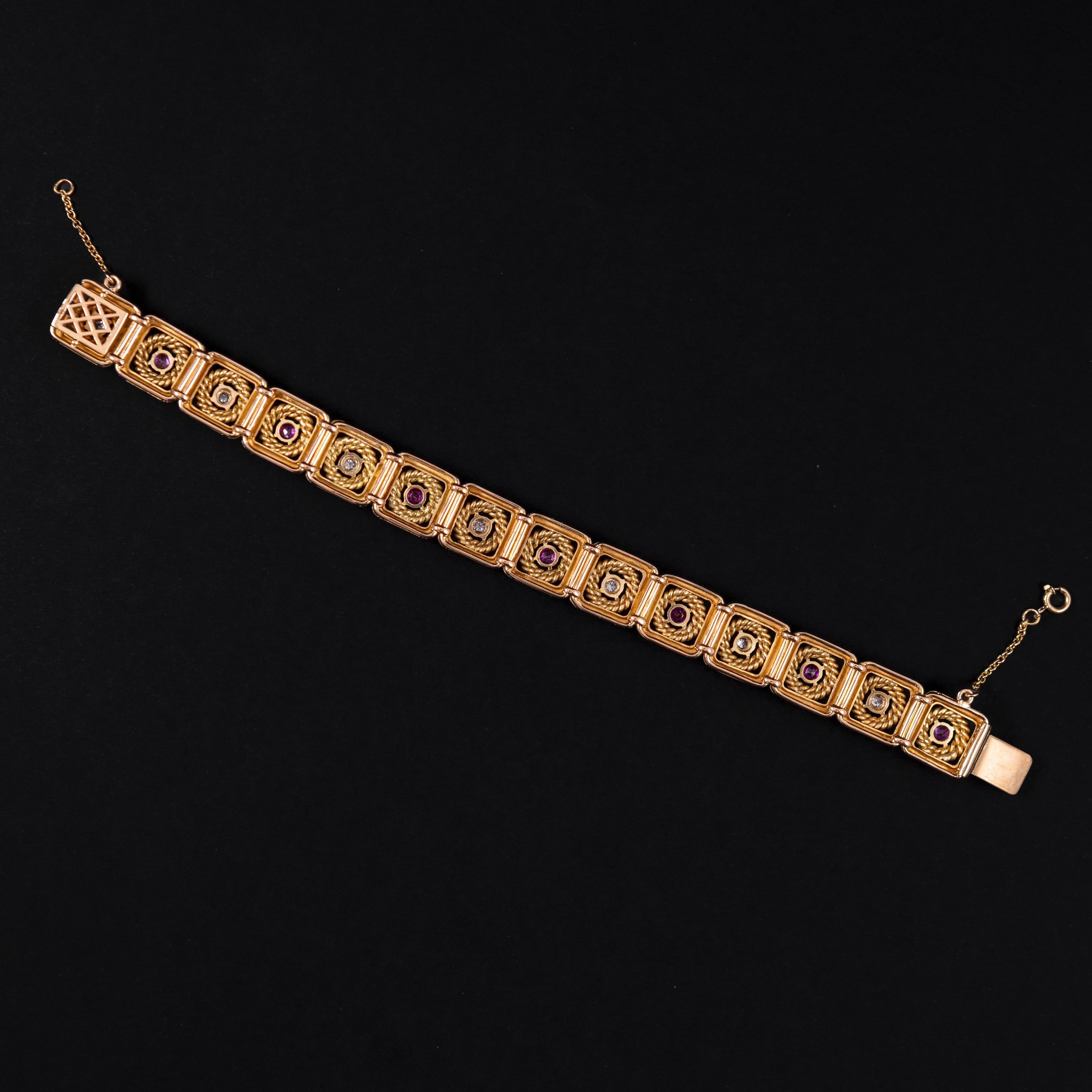 Art Deco Ruby Diamond Ropework Plaque Panel Link Bracelet Rose Gold Portuguese For Sale 4