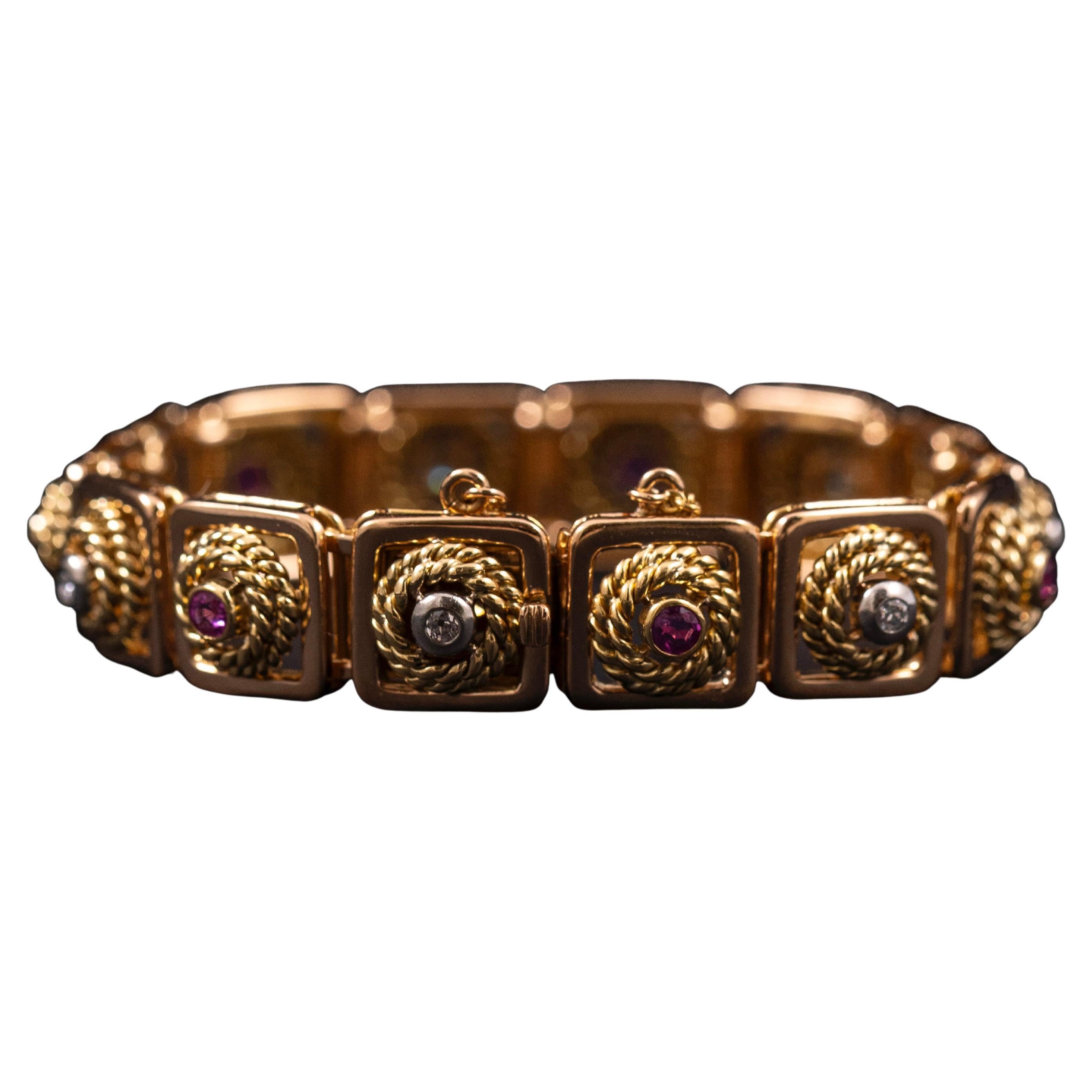 Art Deco Ruby Diamond Ropework Plaque Panel Link Bracelet Rose Gold Portuguese For Sale