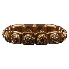 Art Deco Ruby Diamond Ropework Plaque Panel Link Bracelet Rose Gold Portuguese