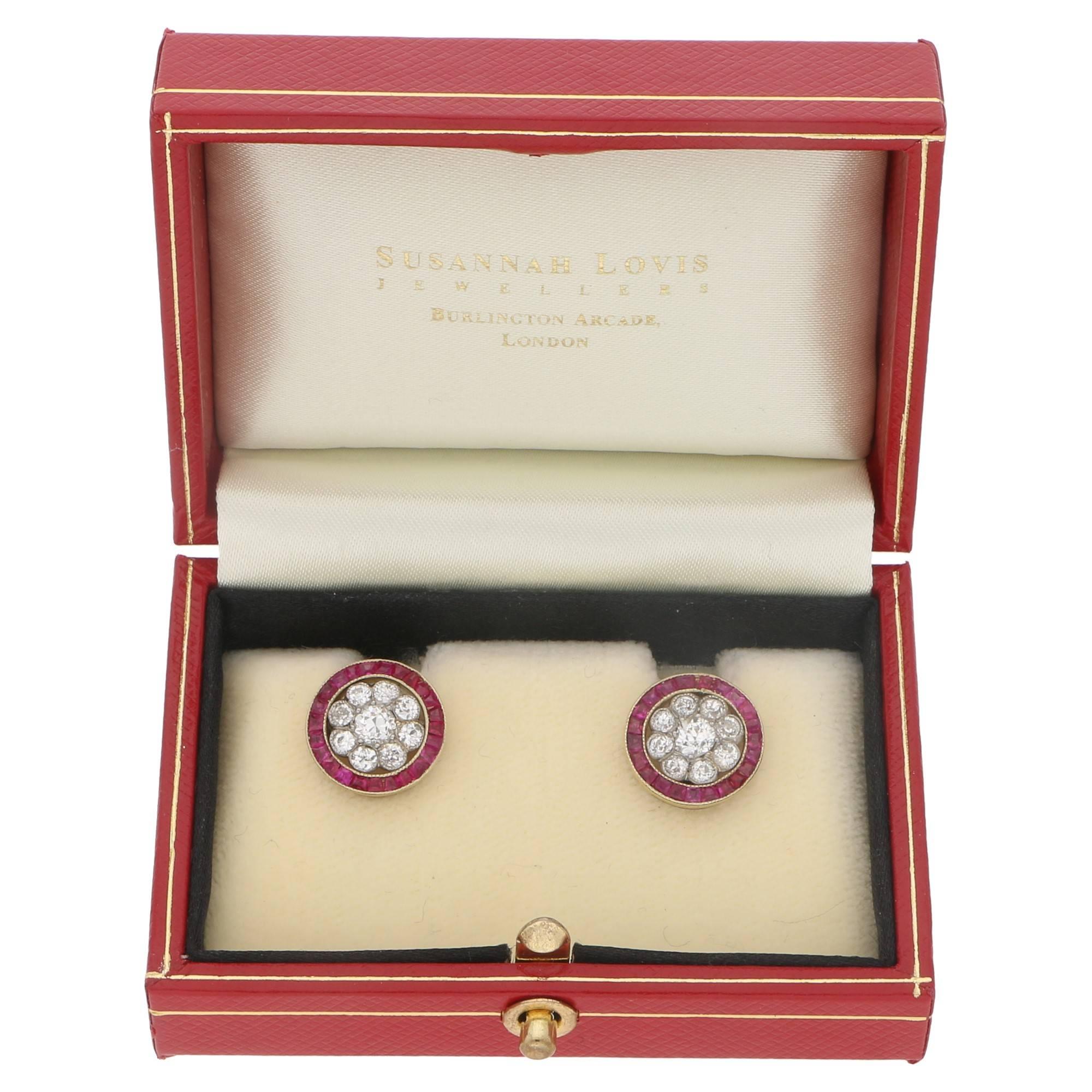 Women's or Men's Art Deco Ruby Diamond Target Stud Earrings