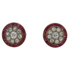 Antique Art Deco Ruby Diamond Target Stud Earrings