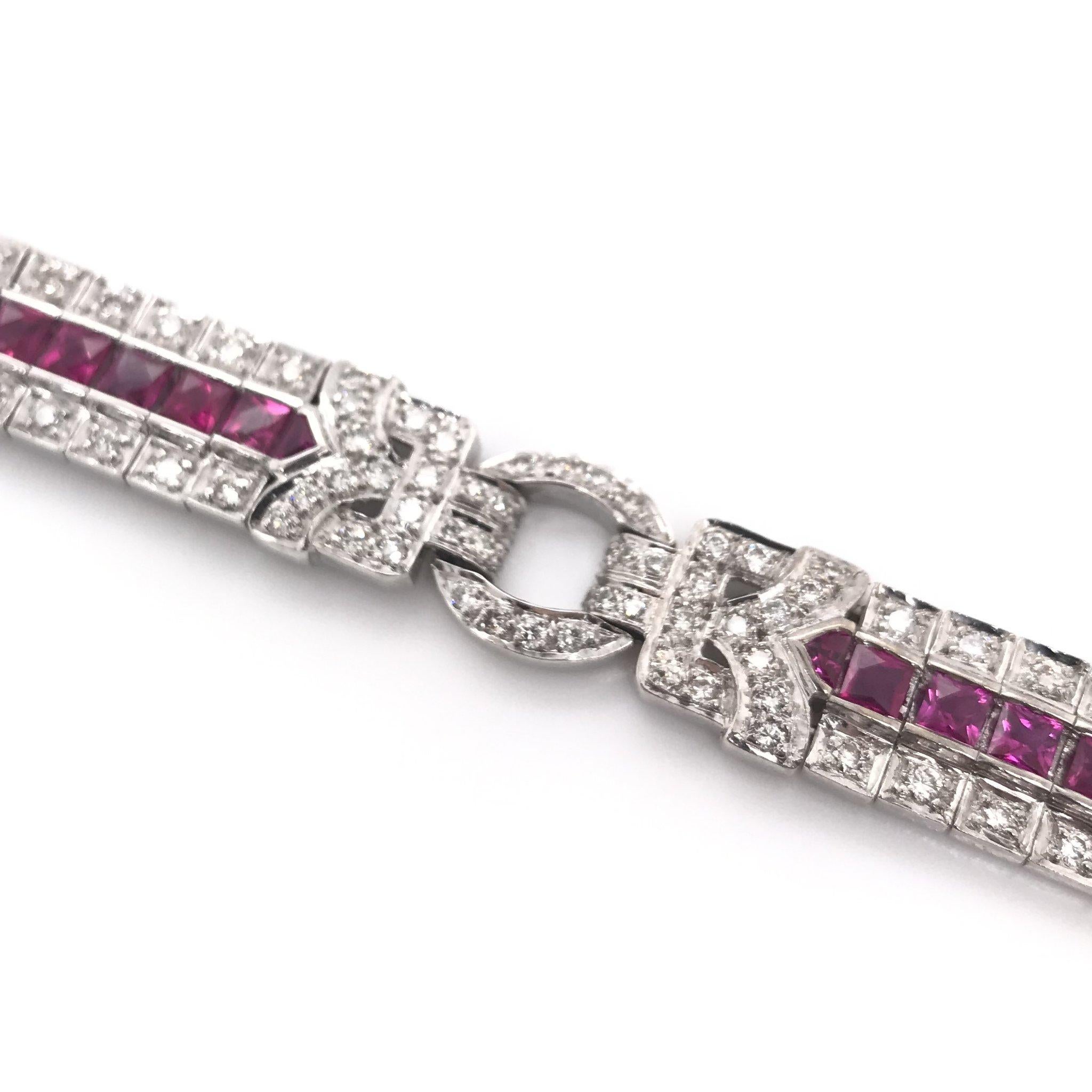 French Cut Art Deco Styled Ruby and Diamond Tennis Bracelet