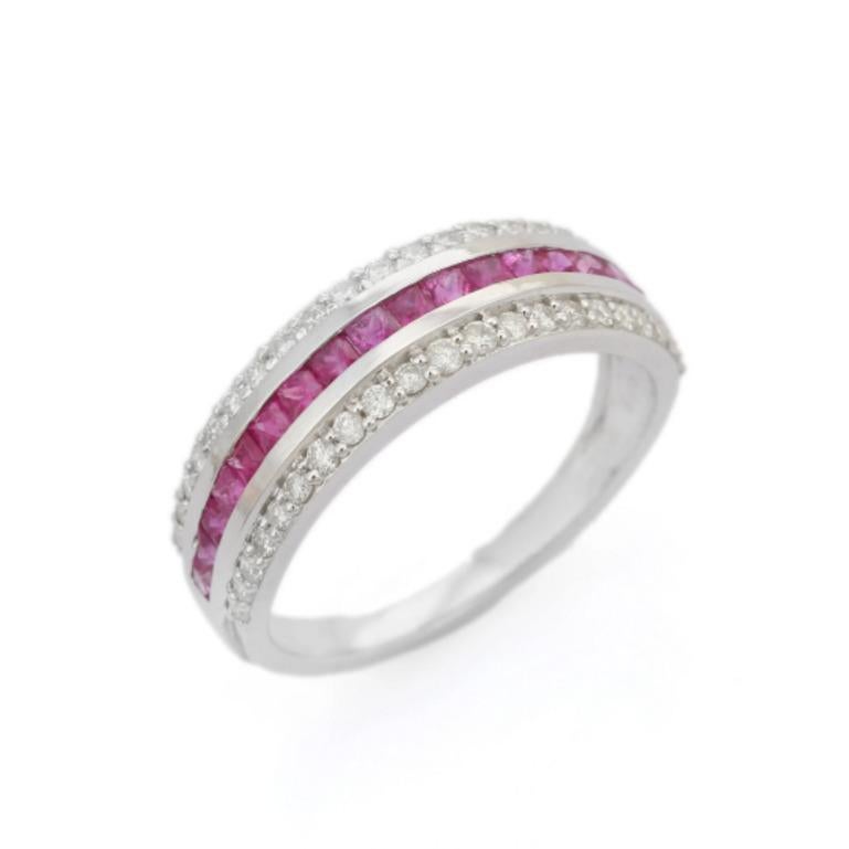 For Sale:  Art Deco Ruby Diamond Wedding Band For Women in 925 Sterling Silver 10