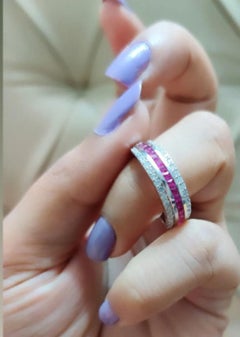 Art Deco Style Ruby Diamond Wedding Band Ring Gift for Her Set in 925 Silver