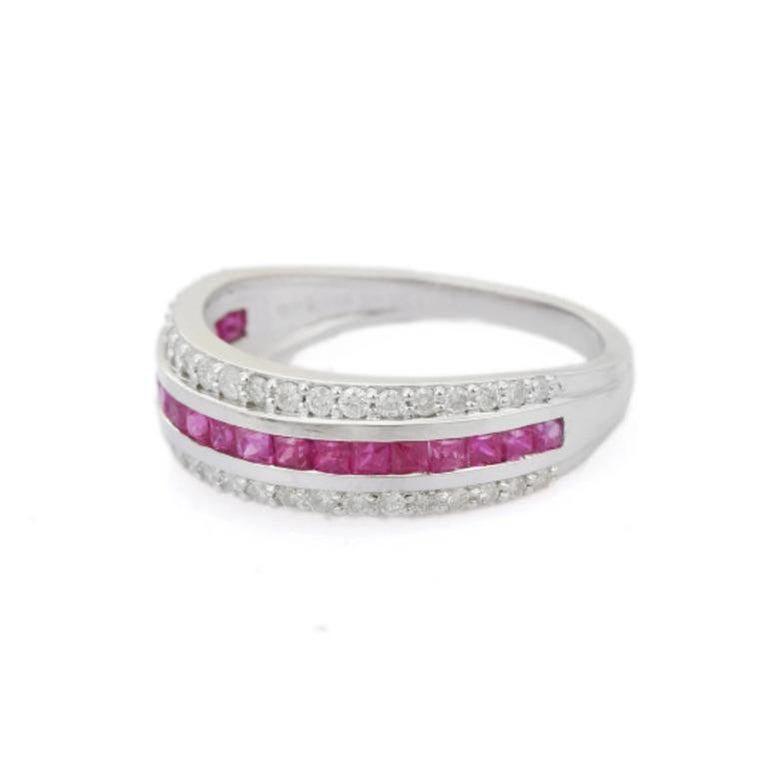 For Sale:  Art Deco Style Ruby Diamond Wedding Band Ring Gift for Her Set in 925 Silver 7