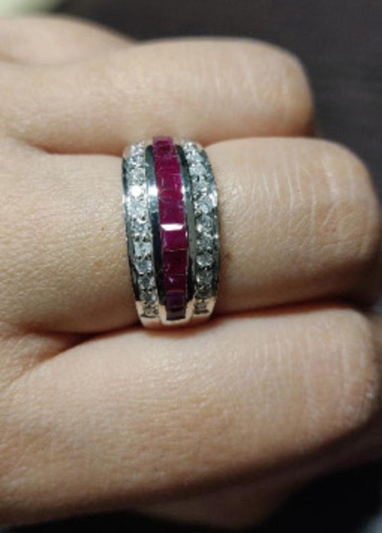 For Sale:  Art Deco Style Ruby Diamond Wedding Band Ring Gift for Her Set in 925 Silver 8