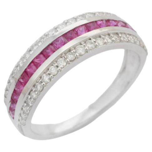For Sale:  Art Deco Ruby Diamond Wedding Band For Women in 925 Sterling Silver