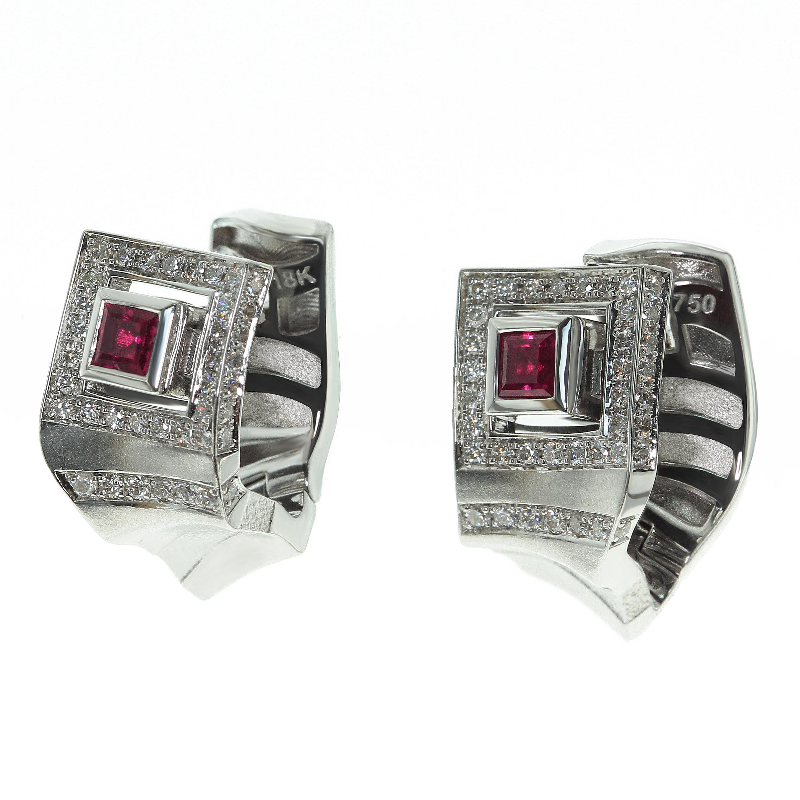 Art Deco Style Ruby Diamonds 18 Karat White Gold Earrings

For those who appreciate Art Deco style: straight lines and authentic finishing.
Ruby and Diamonds in White Gold - an always winning combination.
This earrings are perfect for day to day