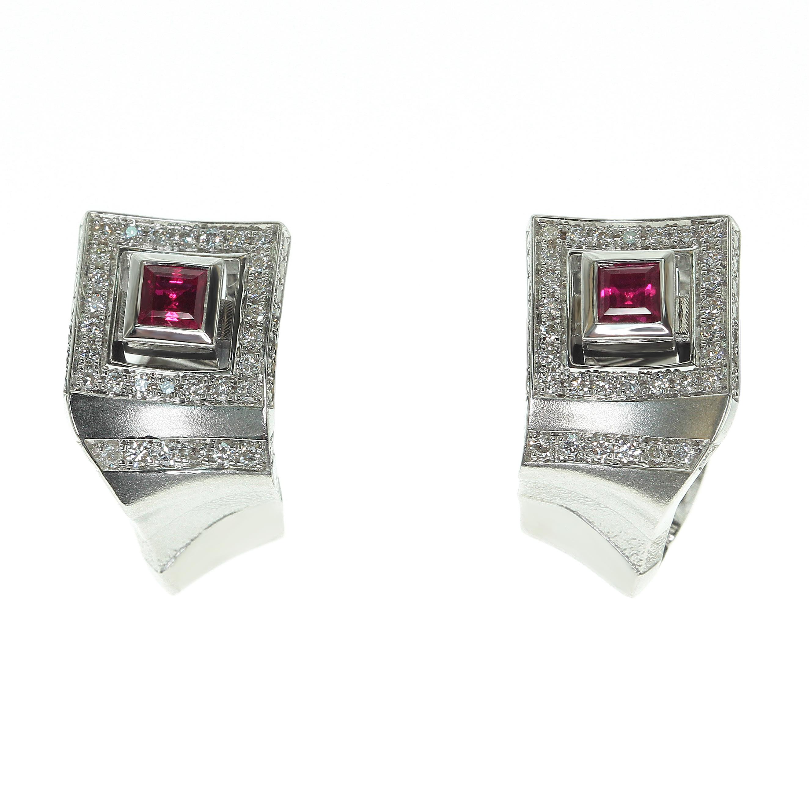 Art Deco Style Ruby Diamonds 18 Karat White Gold Earrings For Sale