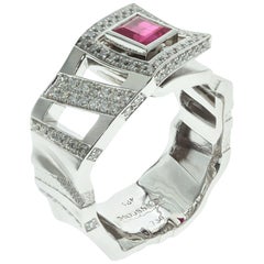 Art Deco Ruby Diamonds 18 Karat White Gold Ring