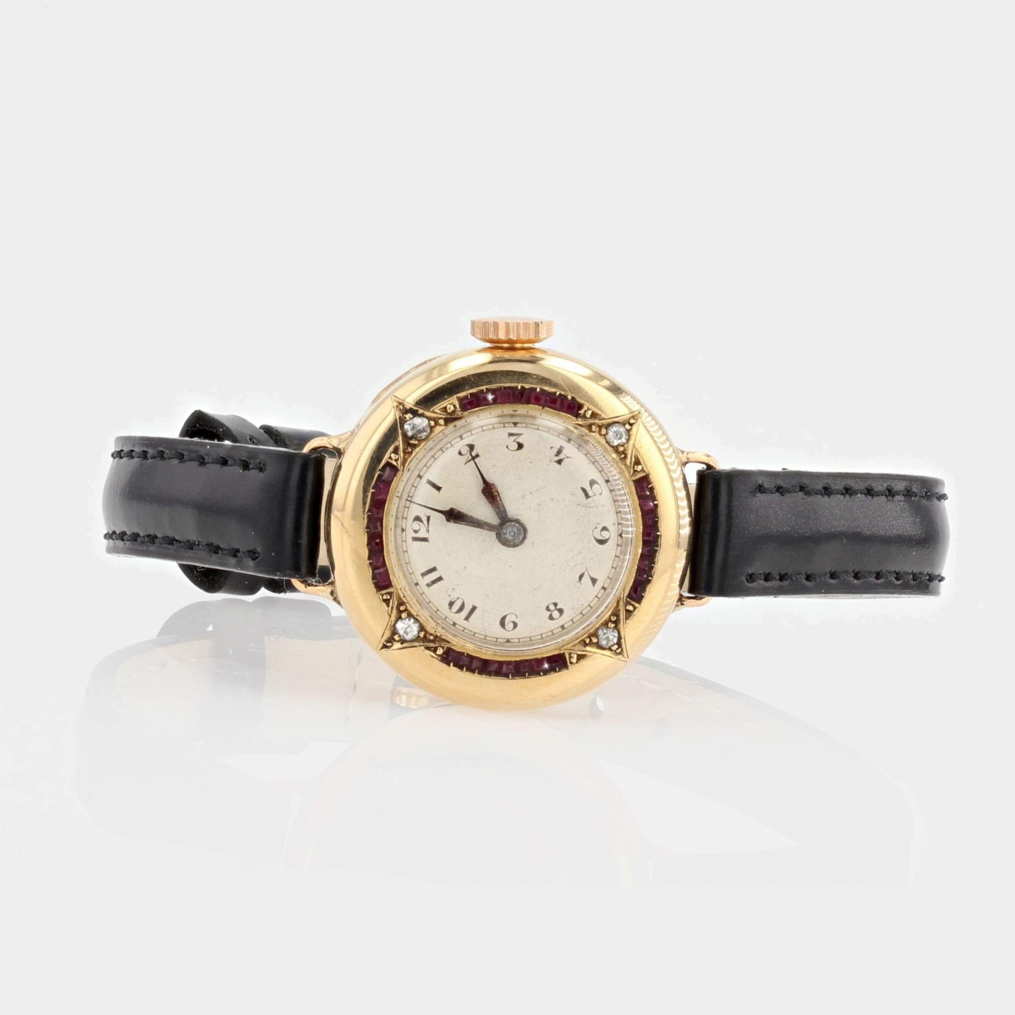 Women's Art Deco Ruby Diamonds 18 Karat Yellow Gold Lady's Watch